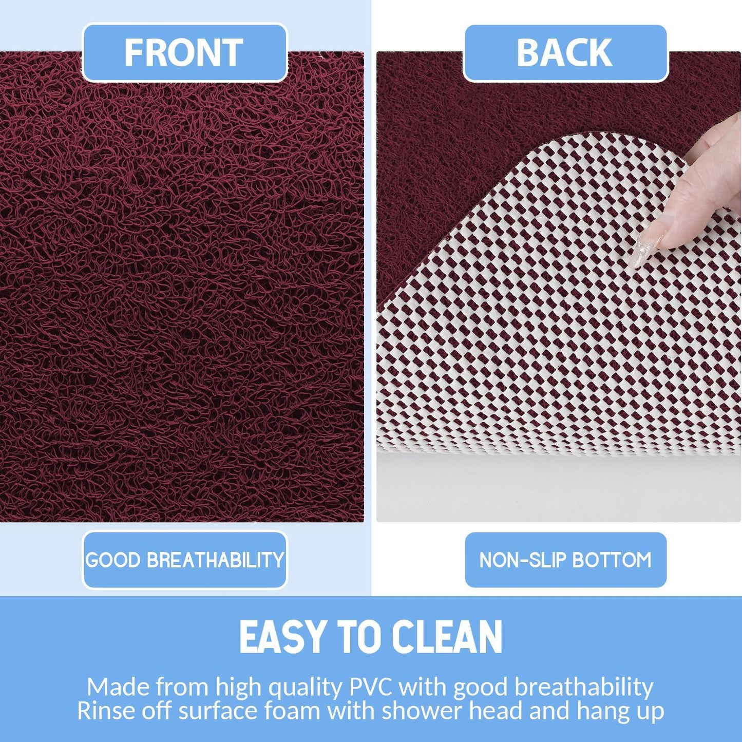 Non-Slip Bathtub Mat, 2 Pack Anti Slip Shower Mat, Fast Drying Bathtub Mats, Foot Scrubber Mat, Anti Slip Mat for Tub, Floor, Bathroom, Kitchen, Home, Hotel (Wine Red 24"×16"+24"×16")