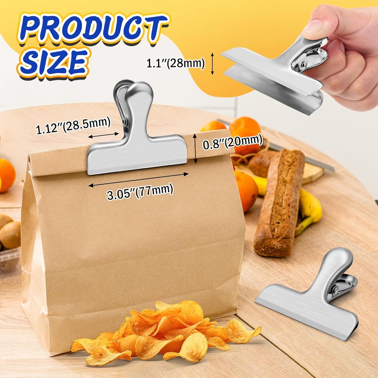 VNDUEEY 12 Pack Stainless Steel Chip Clips, Bag Clips for Food, Heavy Duty Snack Clip Metal Clip to Seal Coffee Bags, Ideal for Office and Kitchen Use, Binder Clip Large - 3 Inches, Silver