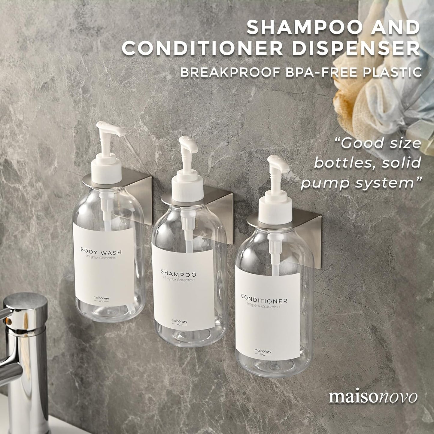 MaisoNovo Shampoo and Conditioner Dispenser - Shower Soap Dispenser Wall Mounted - 16.9 fl oz Set of 3 Clear Plastic Bottles White Pump - Shampoo Dispenser, Shower Dispenser 3 Chamber No Drill