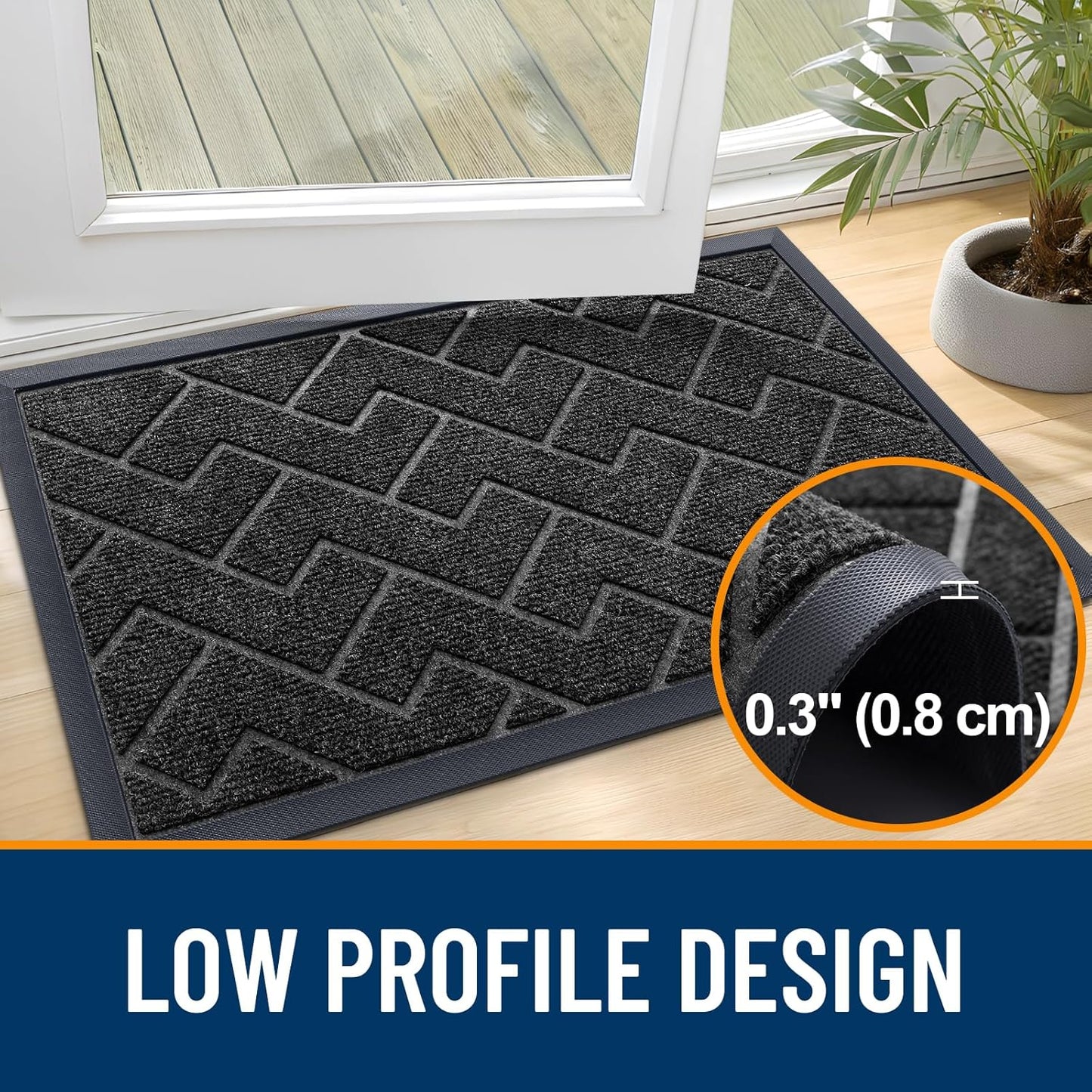 OLANLY Front Door Mat Indoor Outdoor Entrance, Waterproof All-Season, All-Weather Doormat, Sturdy Natural Rubber, Low Profile, Easy Clean Patio Porch Entryway Mat, Herringbone Brick (Black, 47x23)