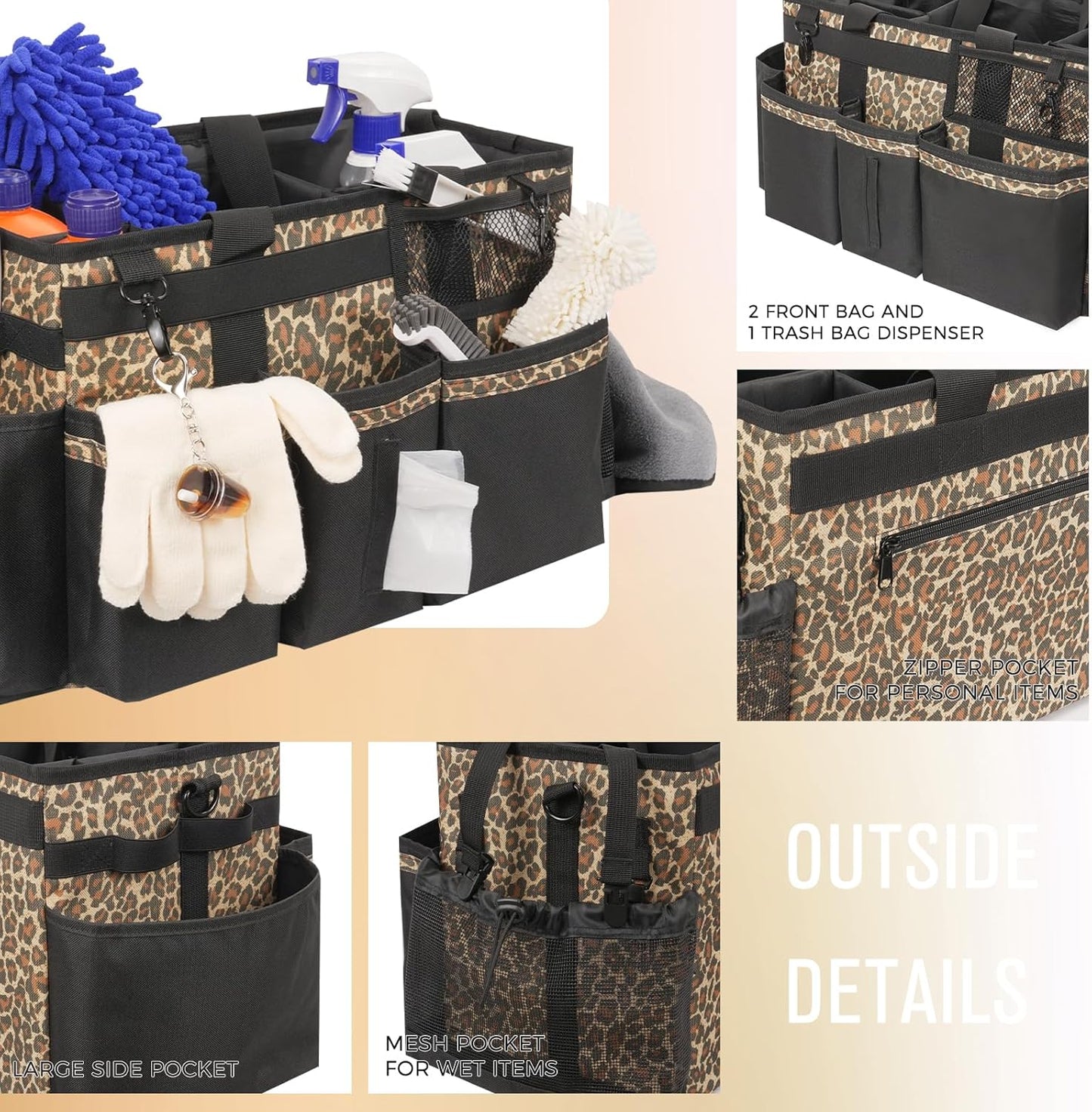 Wearable Cleaning Caddy, Cleaning Caddy Supplies Organizer with Handle & Shoulder Straps for Housekeepers, Under Sink & Car Cleaning Tool Organizers Bag with 4 Foldable Divider (Leopard)