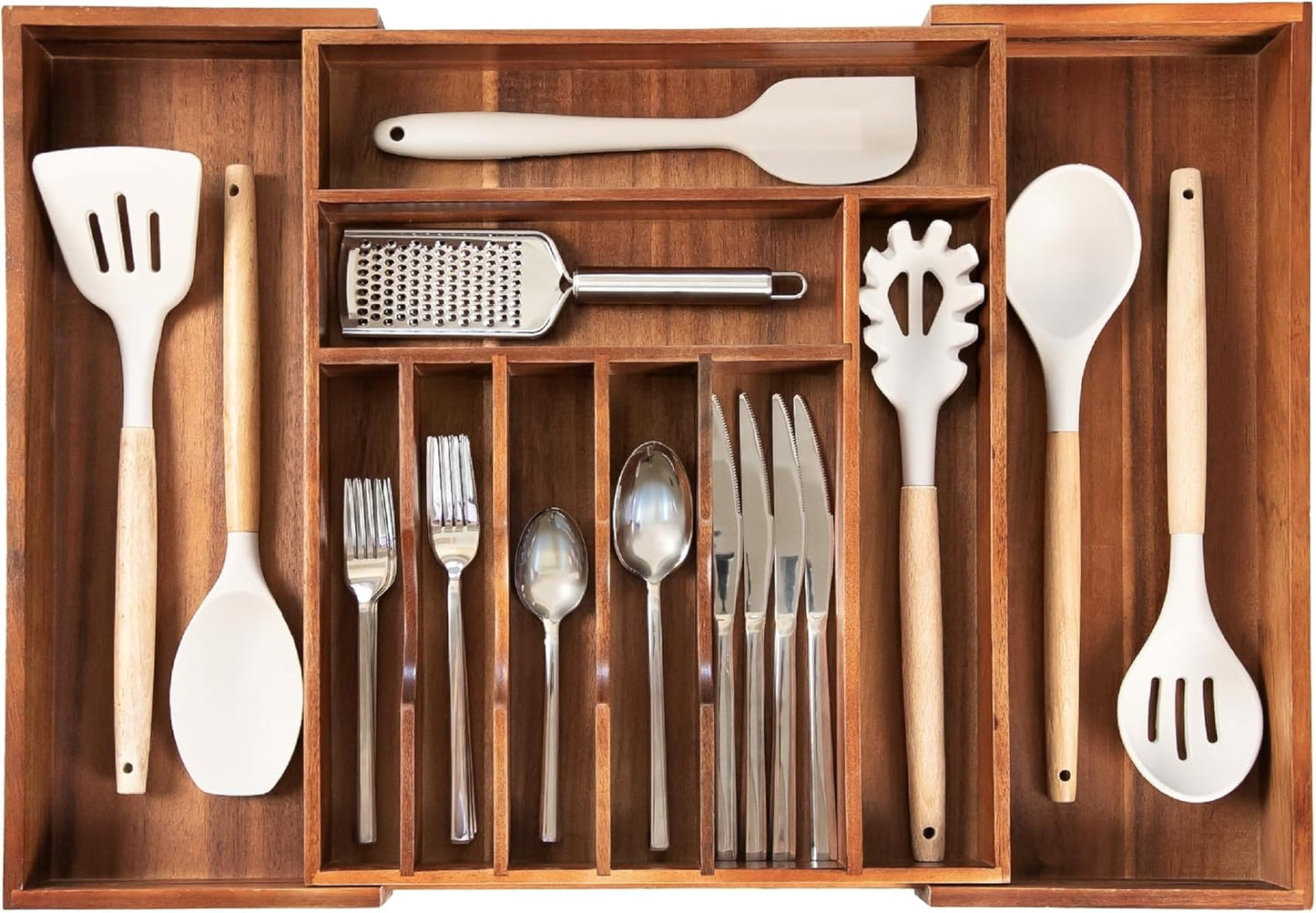 KitchenEdge Premium Silverware, Flatware and Utensil Organizer for Kitchen Drawers, Expandable 14.5 to 25 Inches Wide, 10 Compartments, Food-Safe Premium Acacia Wood Finish Kitchen Storage Tray