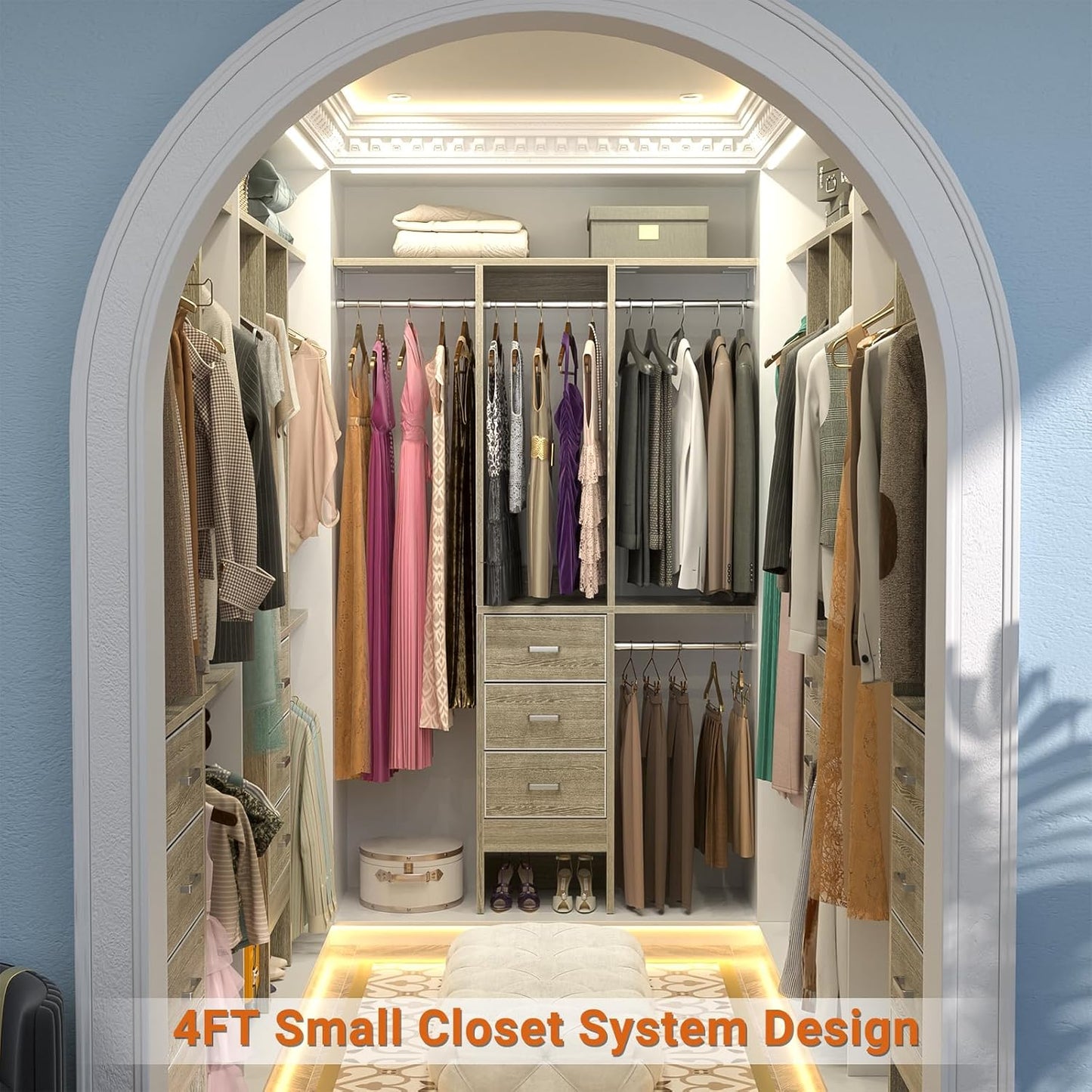 4FT Small Closet System with 3 Fabric Drawers, 48'' Closet Organizer System With 3 Adjustable Shelves, Flexible Built-In Clothes Garment Rack for Small Space, 48"L x 13"W x 71"H, White Oak