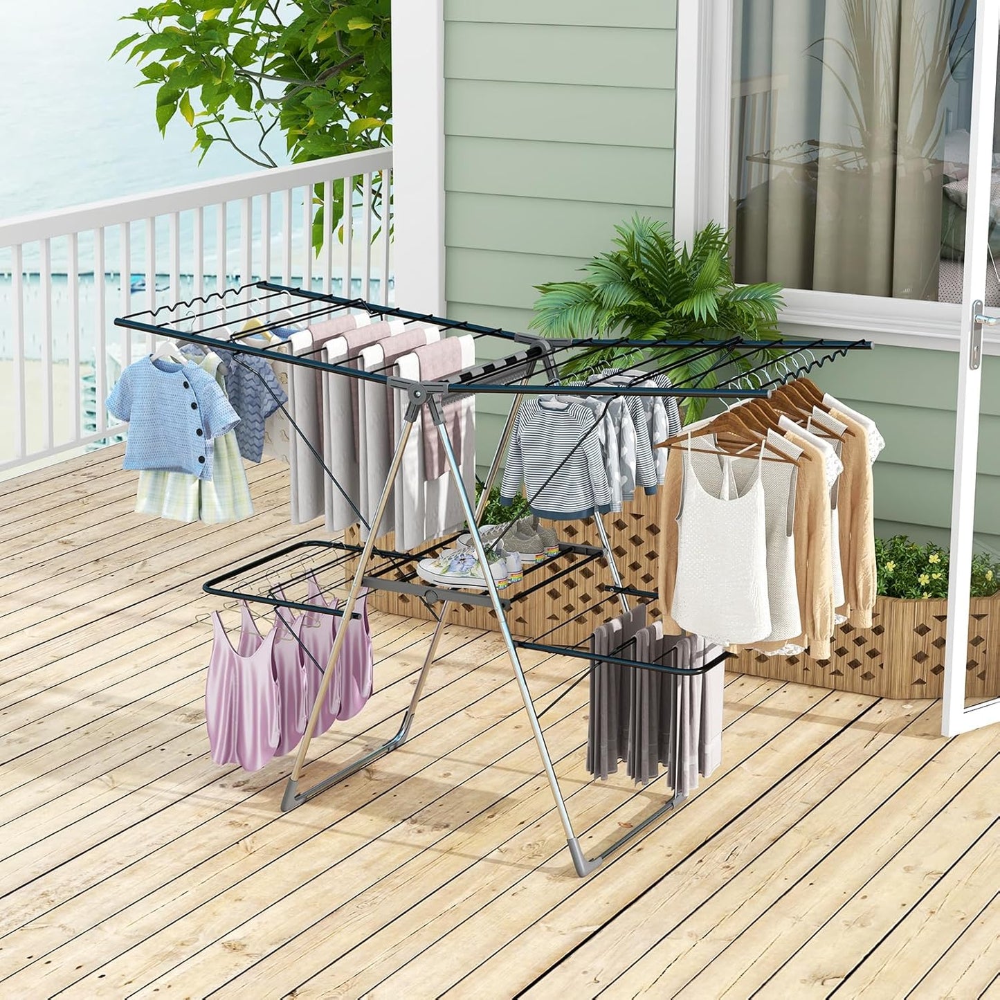 Giantex Clothes Drying Rack, Foldable Laundry Drying Rack with 33 Drying Rails, 3-Level Adjustable Height, Versatile Clips, Wave-Shaped Bars, Collapsible Freestanding Airer for Indoor Outdoor