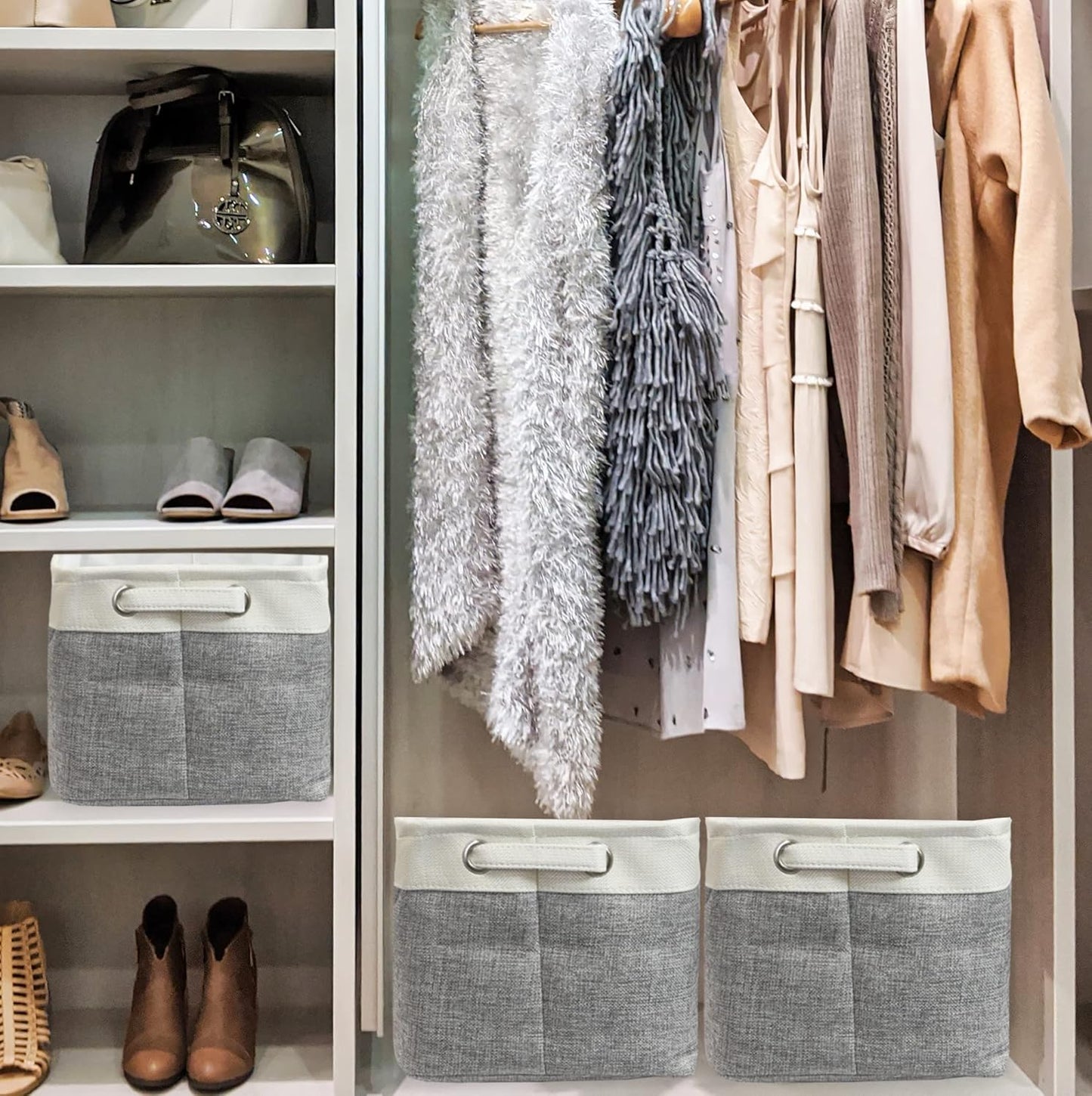 SIMPLE HOUSEWARE Large Fabric Storage Bin, 14.4" x 10" with Handles, 3-Pack, Foldable Organizer for Closet and Shelf, Gray