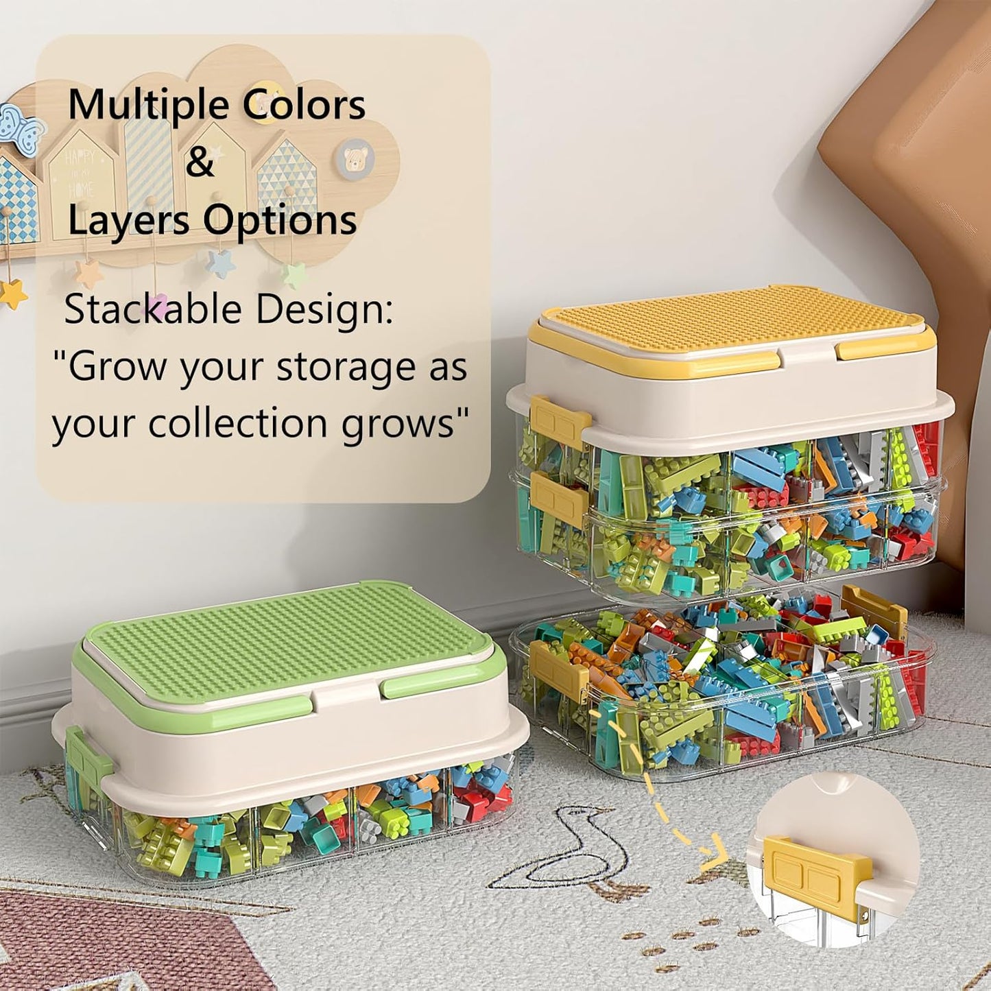 Toy Storage Organizer Box with Handle, Stackable Building Block Toy Box with Building Plate Lid & Removable Sorting Trays, Cubby Bins and Containers 3 Layer (Lemon)