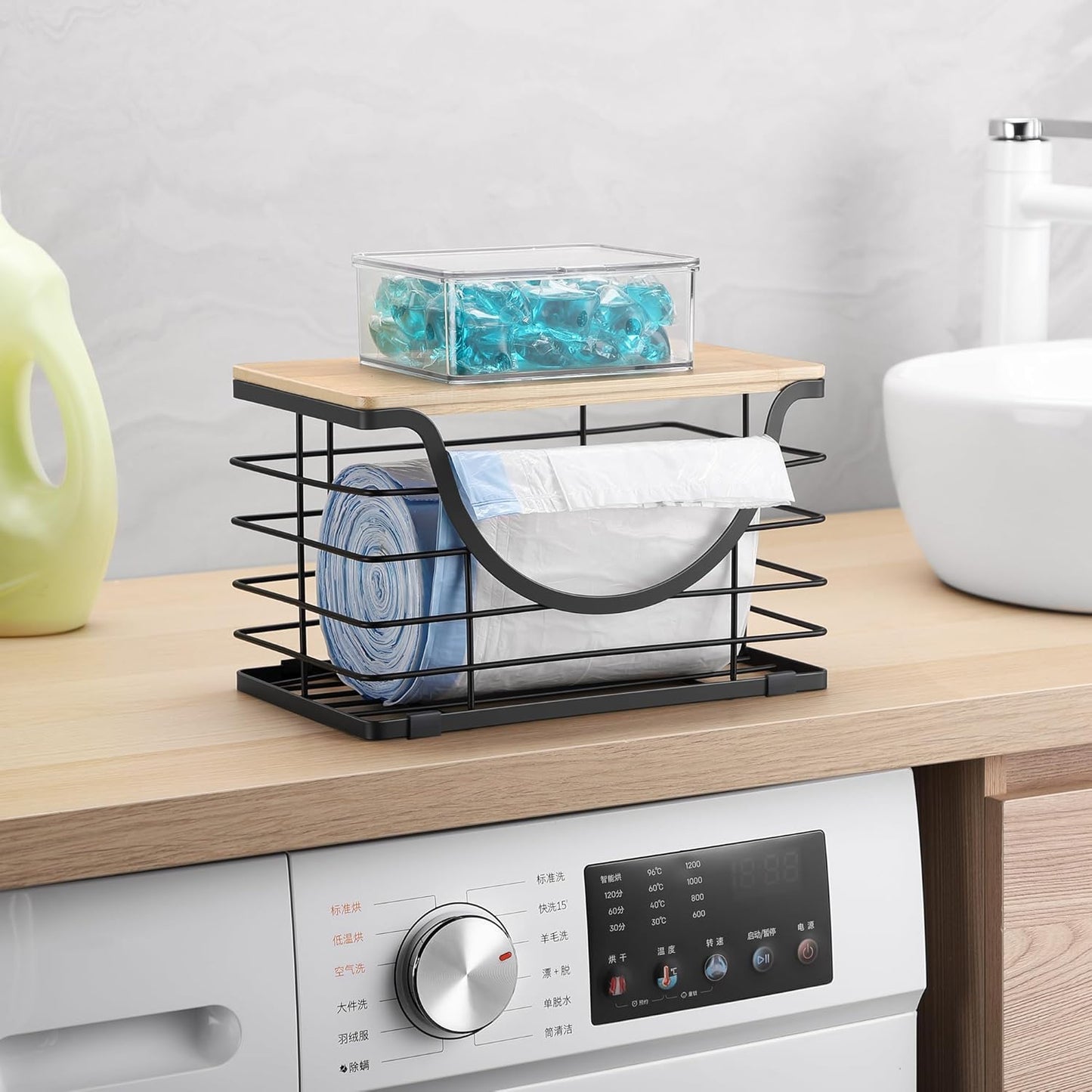 Extra Large Trash Bag Holder Under Sink Stackable Kitchen Storage with Lid, Garbage Bag Dispenser Roll Holder, Wall Mounted Trash Bag Container, Laundry Room Organization Storage