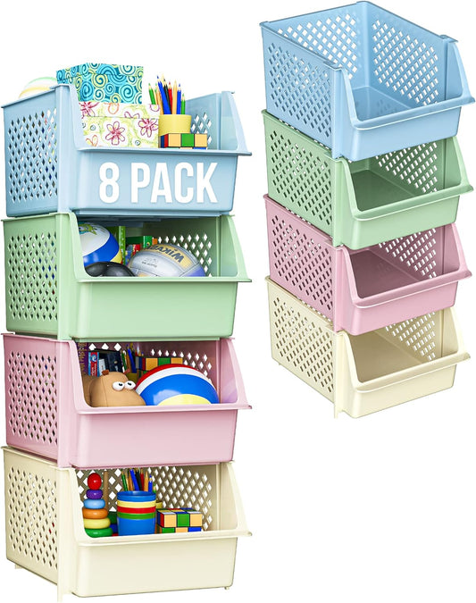 TidyFriend Plastic Stackable Storage Bins for Pantry - 8 Pack Stackable Bins for Organizing Food, Kitchen, and Bathroom Essentials (Multi)