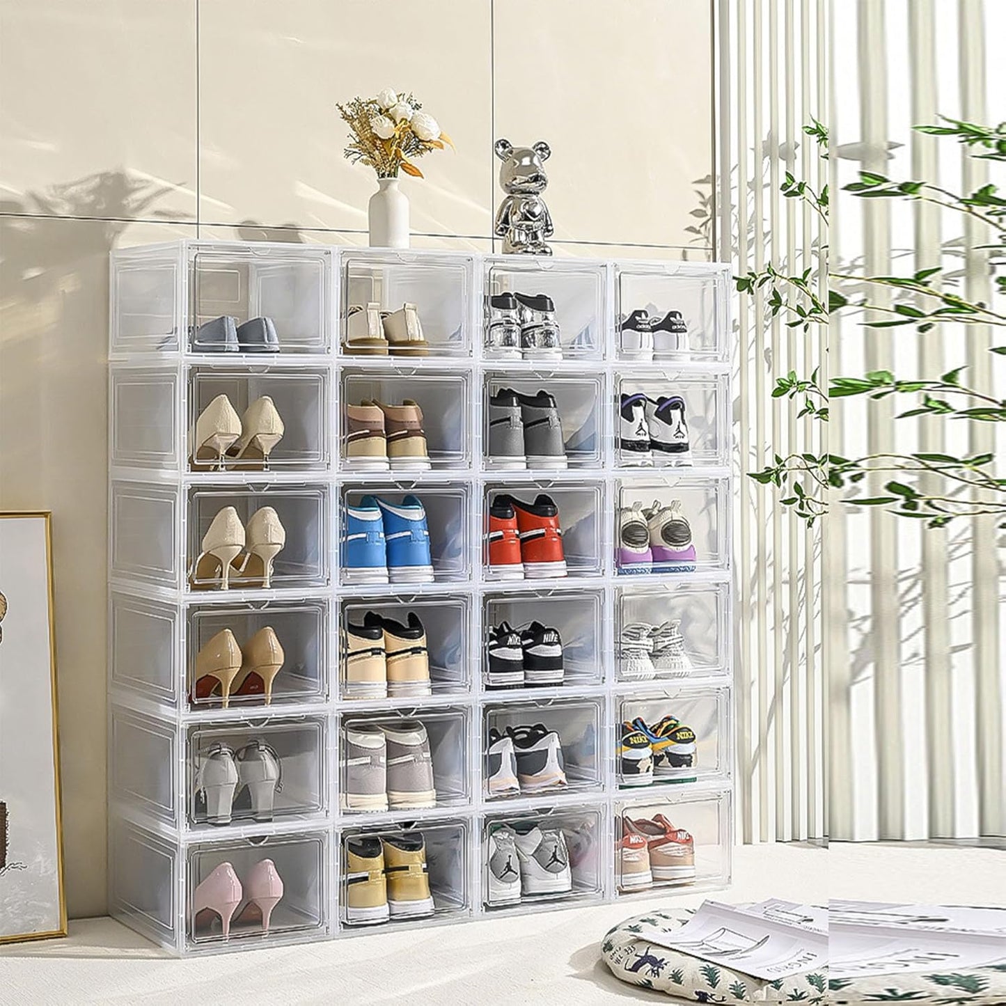 XXL Large Shoe Storage Box, 8 Pack Shoe Boxes Clear Plastic Stackable Fit US 15,Clear Shoe Organizer with Magnetic Door(8 PACK CLEAR)