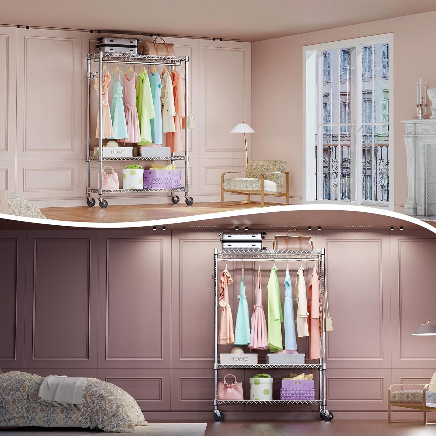 IZEUK 3 Tier Heavy Duty Rolling Garment Rack Wire Clothes Rack for Hanging Clothes, Metal Freestanding Closet Wardrobe Rack with 1 Rods and Wheels Chrome 15.7" D x 45.3" W x 75.6" H