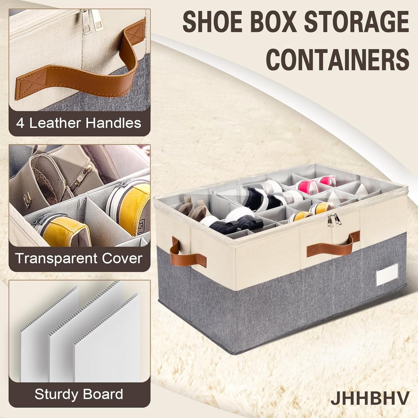 2 Pack Shoe Organizer for Closet, Adjustable Shoe Box Storage Containers, Large Foldable Shoe Bins with Clear Cover, Space Saving Shoes Holder with 4 Handles, Fits 24-48 Pairs, Beige
