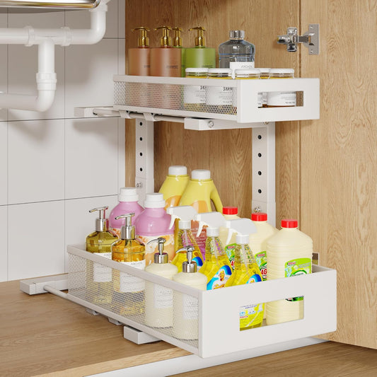 1 Pack-11.4"-16.14"H Under Sink Storage Organizer, Large 2-Tier Elegant Mesh Pull Out Shelf for Kitchen and Bathroom Cabinet Organization, L-Shaped and Adjustable Height Design for Maximum Space-White