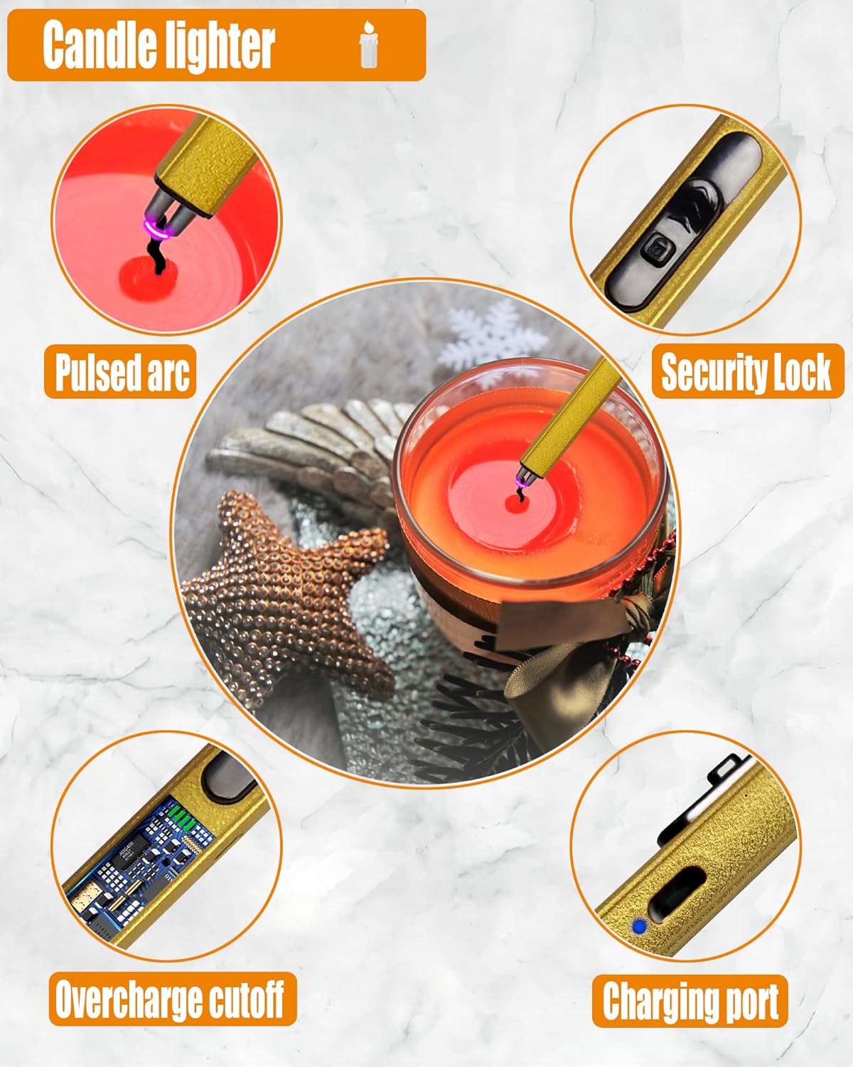 5 in1 Candle Accessory Set with Rechargeable Candle Lighter, Candle Wick Trimmer, Candle Wick Snuffer, Candle Wick Dipper, Storage Tray Plate, Candle Care Kit (Gold)