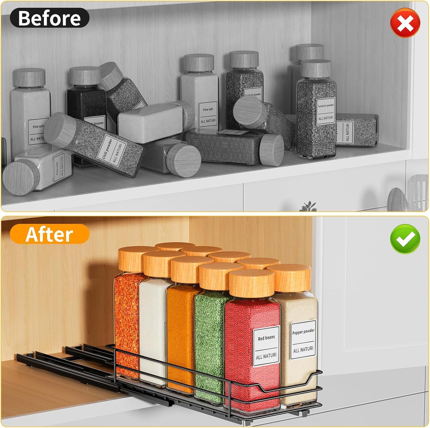 RCHYFEED Pull Out Spice Rack Organizer for Cabinet,Slide out Spice Organizer for Inside Cabinets,Heavy Duty Spice Organization for Kitchen and Pantry,Seasoning,Sauces(1-Tier,4.5" Wx10.5 Dx2.5 H)