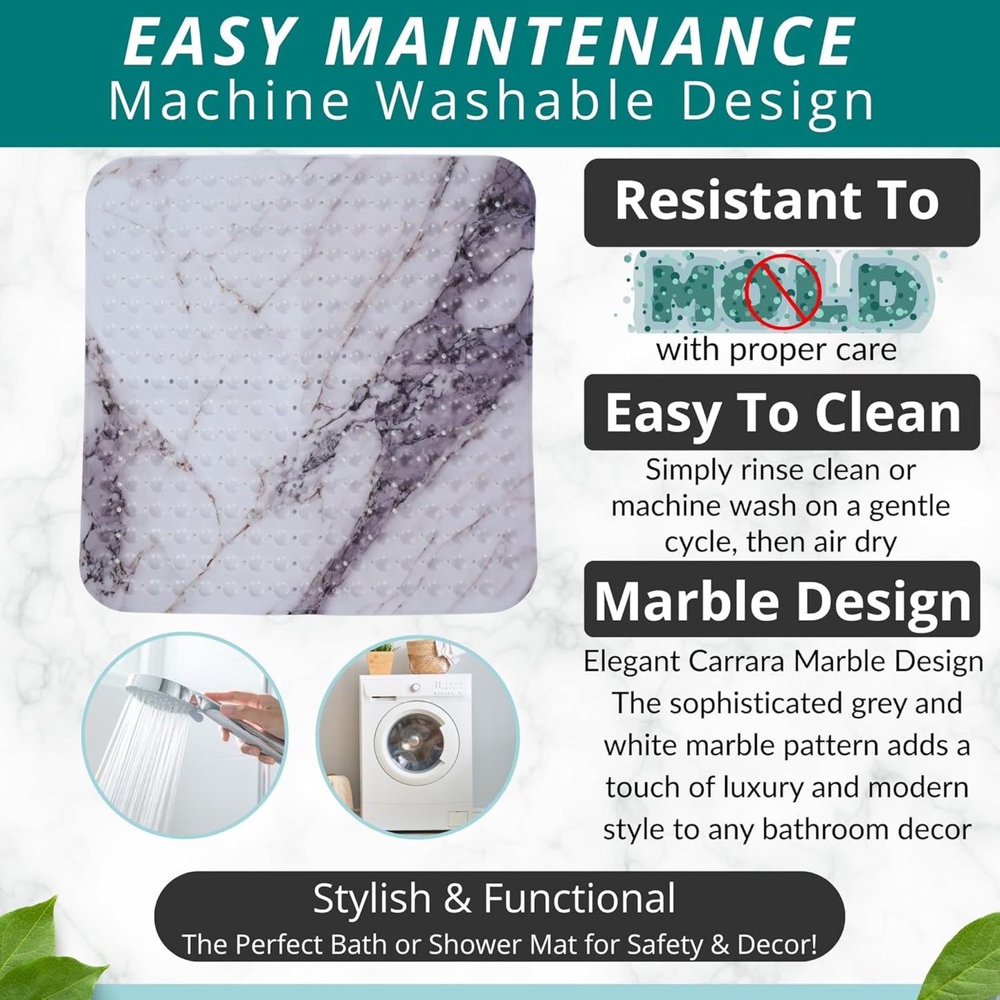 ENKOSI Extra Large Square Non Slip Shower Mat - 31 x 31-inch XL Bathroom Shower Mat - Square Shower Matts for Shower Stall Floors - Secure Suction Cups and Drain Holes (31x31 Marble Grey)