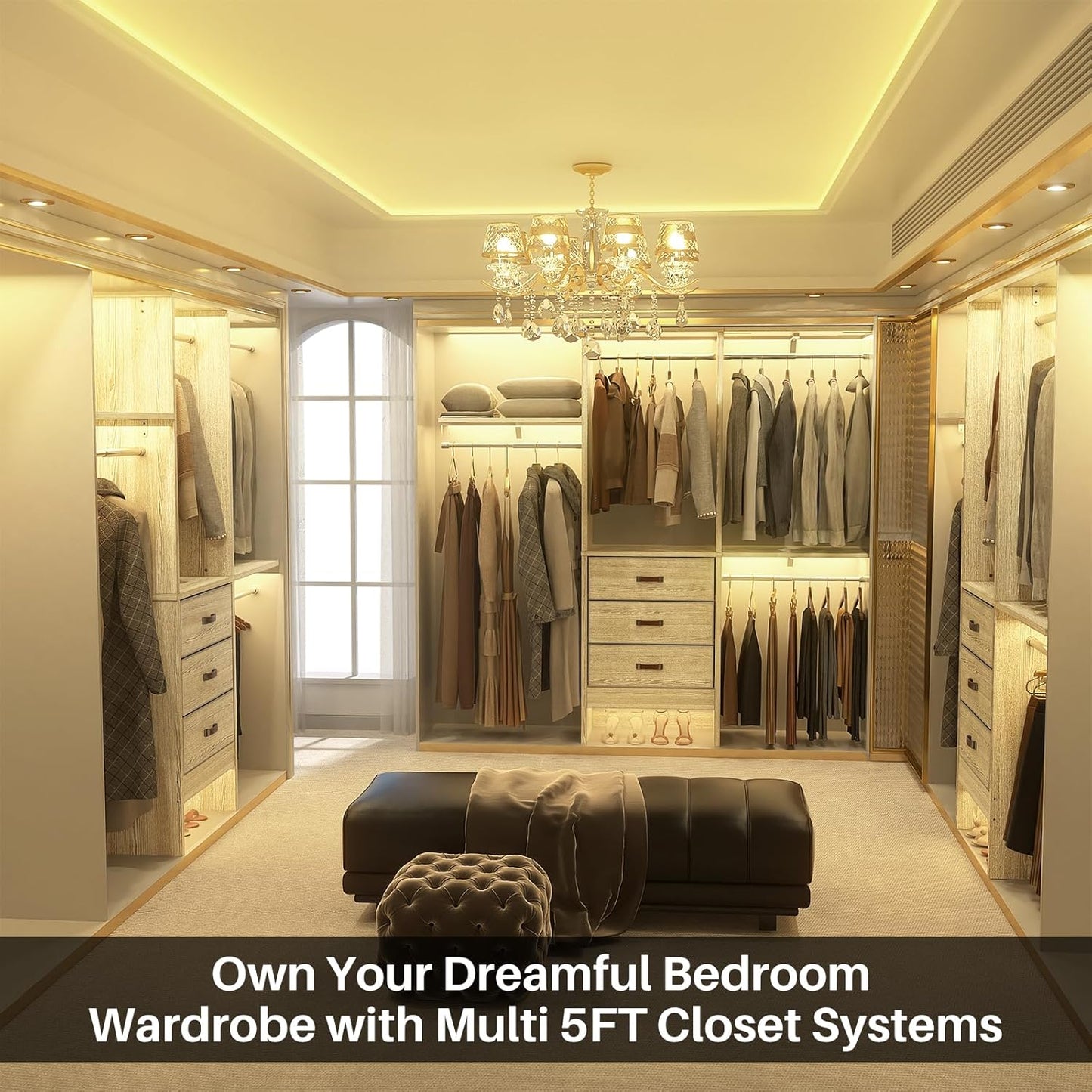 Armocity 5FT Small Closet System with 3 Fabric Drawers, 60'' Walk In Closet Organizer System With 3 Adjustable Shelves, Heavy Duty Clothes Rack Built-In Garment Rack, 59" L x 16" W x 71"H, White Oak