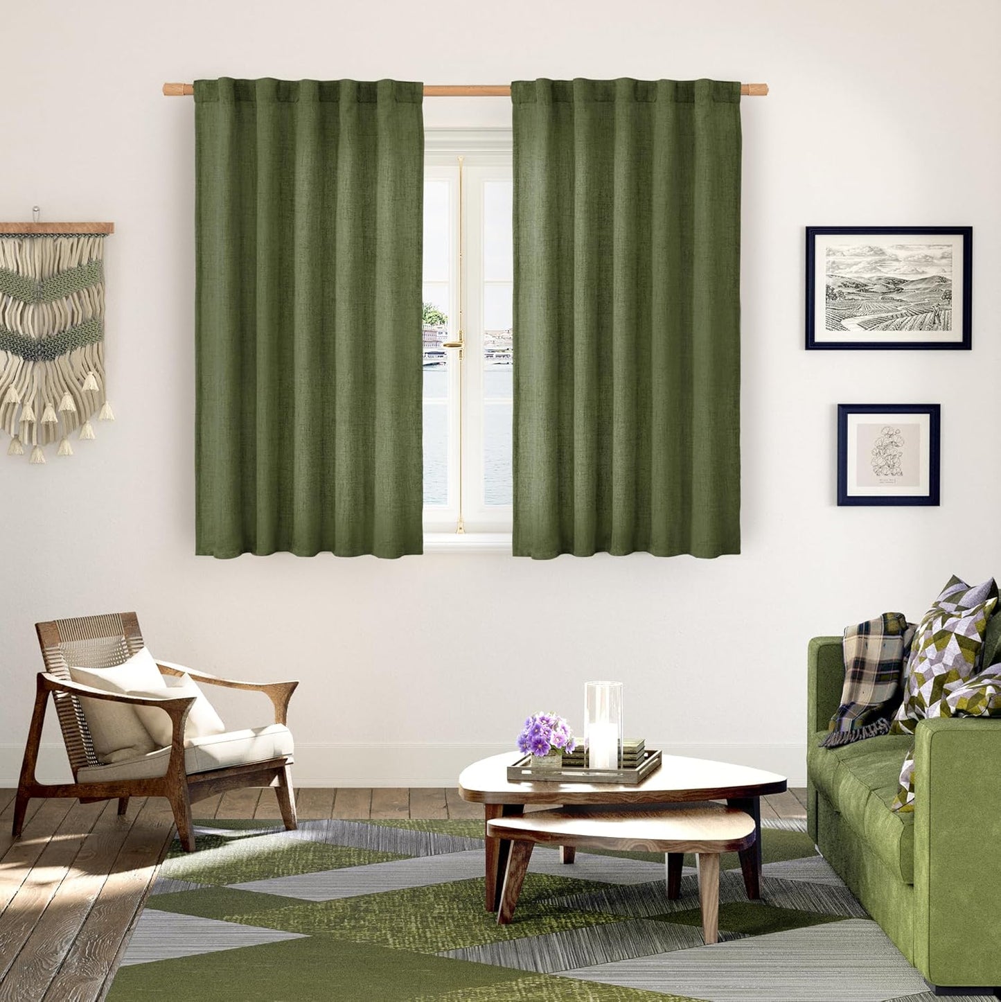 YoungsTex Olive Green Linen Curtains 45 Inch Length, Short Window Drapes Light Filtering Textured Semi Sheer with Rod Pocket Back Tab for Kitchen Living Room, 2 Panels, 42 X 45 Inch