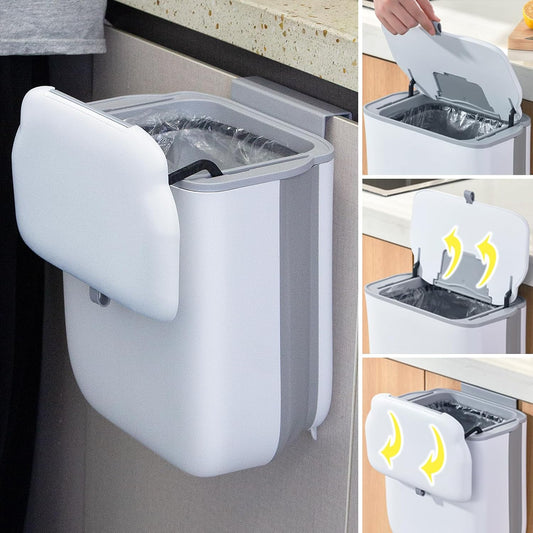 Soddeph 3.2 Gallon Foldable Hanging Trash Can with Lid for Cabinet Door,Kitchen Compost Bin,Wall-Mounted Plastic Garbage Can for Countertop or Under Sink, Bathroom and RV (White with lid)