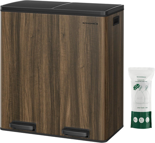 SONGMICS Trash Can, 2 x 8-Gallon Garbage Can for Kitchen, with 15 Trash Bags, 2 Compartments, Plastic Inner Buckets and Hinged Lids, Airtight, Dark Walnut ULTB060N02V1