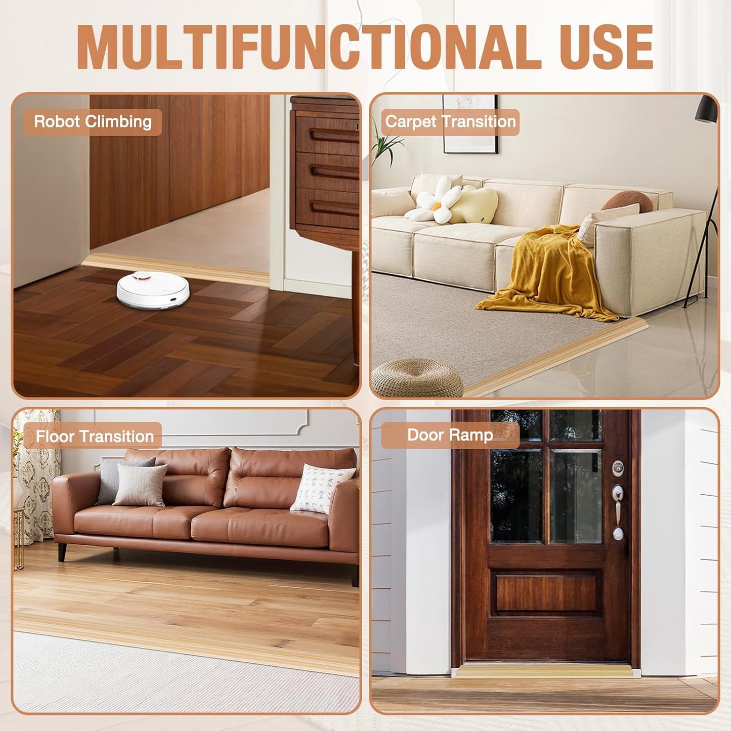 Floor Transition Strip Self Adhesive Vinyl Door Threshold for Doorways Carpet Edging Trim Overlap Edge Reducer for Laminate Floor, Carpet, Tile (Light Yellow Wood Grain, 3/5" to 4/5", 3.3Ft)