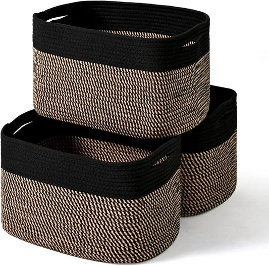 Storage Baskets for Organizing Shelves, Toy Basket for Kid's Room, Woven Cotton Rope Basket for Decor, Organizing Baskets for Bedroom Living Room, 15"x11"x9.5", 3 Packs, Black & Jute