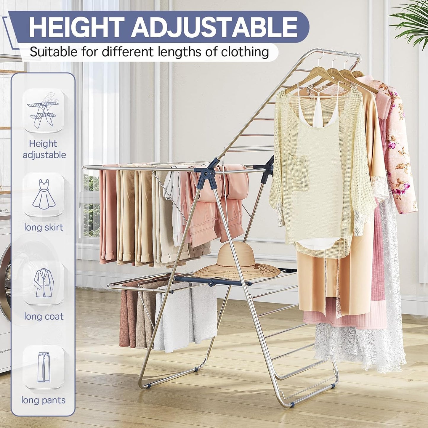 APEXCHASER Clothes Drying Rack with 4 Wings, Stainless Steel Drying Rack Clothing with Height-Adjustable, Foldable Gullwings Laundry Drying Rack, Indoor Outdoor Use, No Assembly, Blue