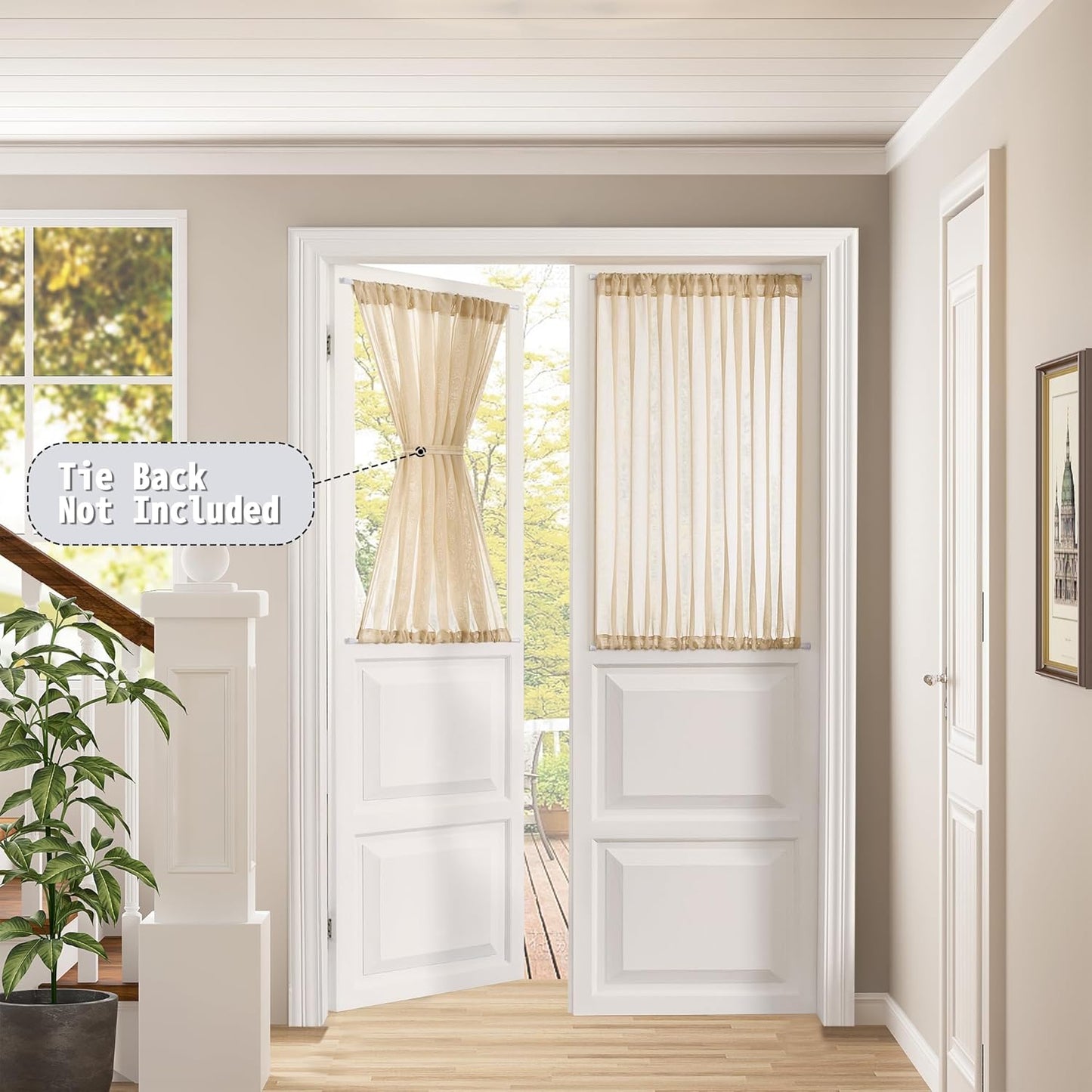 Tollpiz Short Sheer Door Curtains Closet Linen Textured Curtains Sheer Doorway Light Filtering Voile Patio Glass Door Rod Pocket Curtain French Door, 54 x 40 inches Long, Beige, Set of 1 Panel