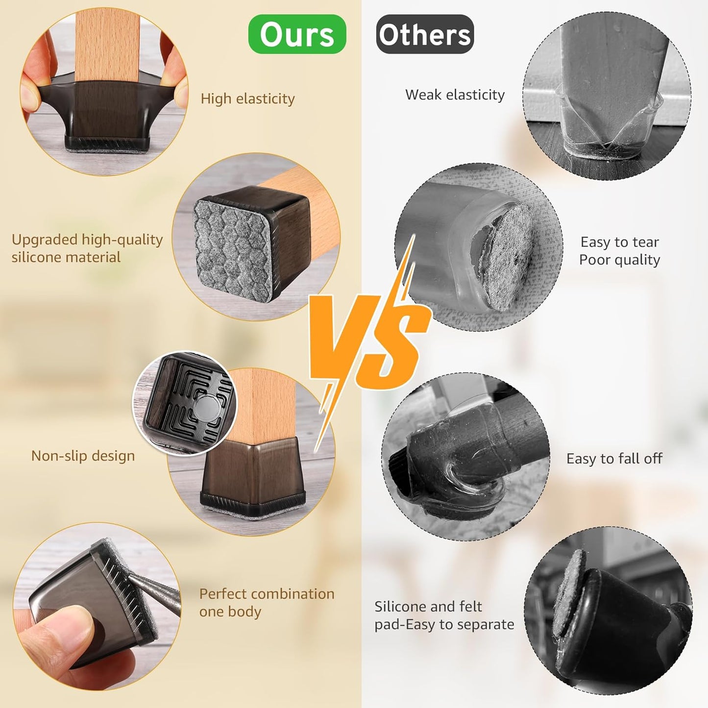 24PCS Square Chair Leg Floor Protectors, Furniture Sliders, Chair Leg Protectors for Hardwood Floors, Non-Slip Felt Furniture Pads, Silicone Cap Covers to Protect Floors, (Fit 0.75" - 1.1")