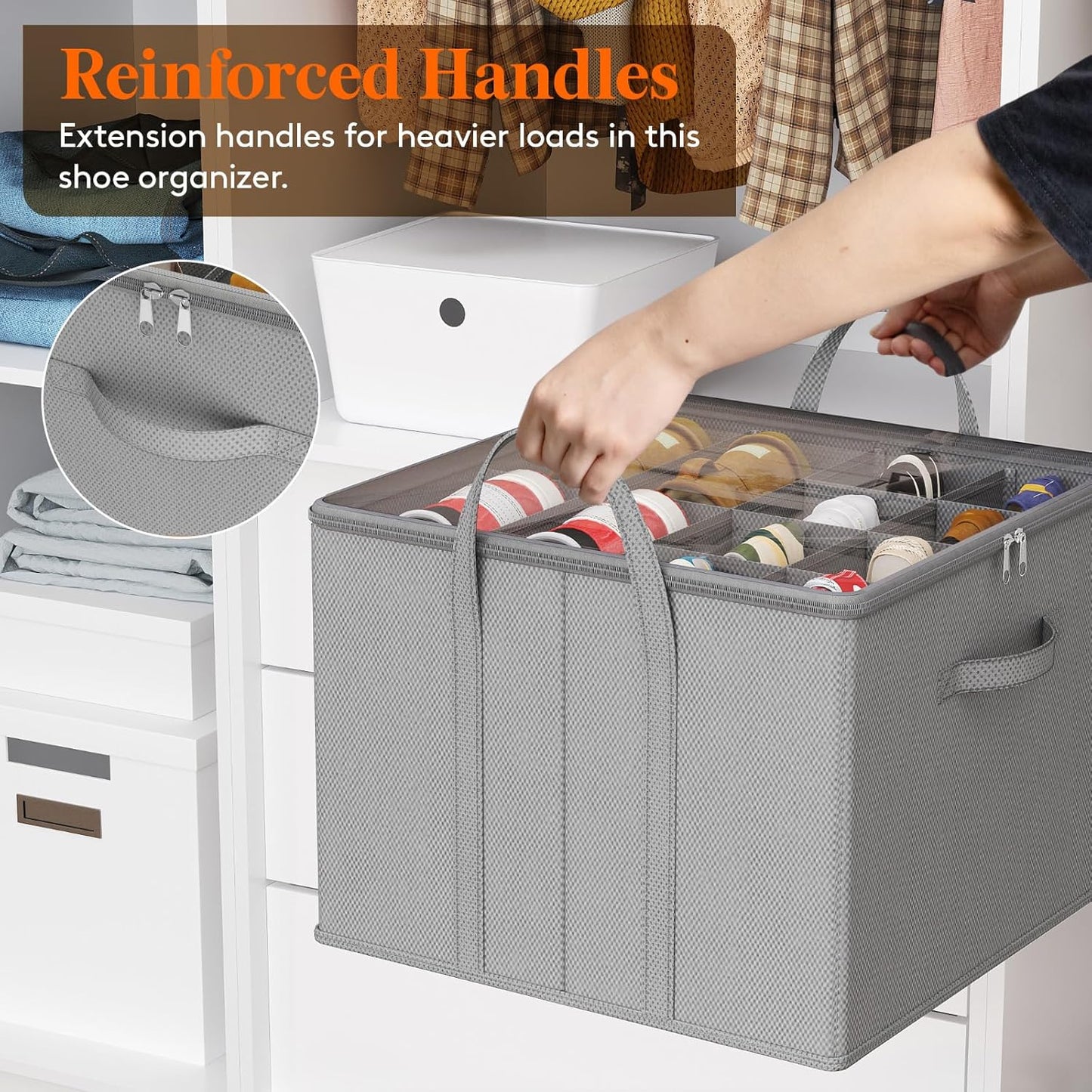 Lifewit Shoe Storage Organizer for Closet Fits 12-16 Pairs, Fabric Large Shoe Box Storage Containers with Clear Cover, Foldable Bins Fit for Boots Sneakers 17"(L) x 17"(W) x 12.5"(H) 1 Pack Light Gray