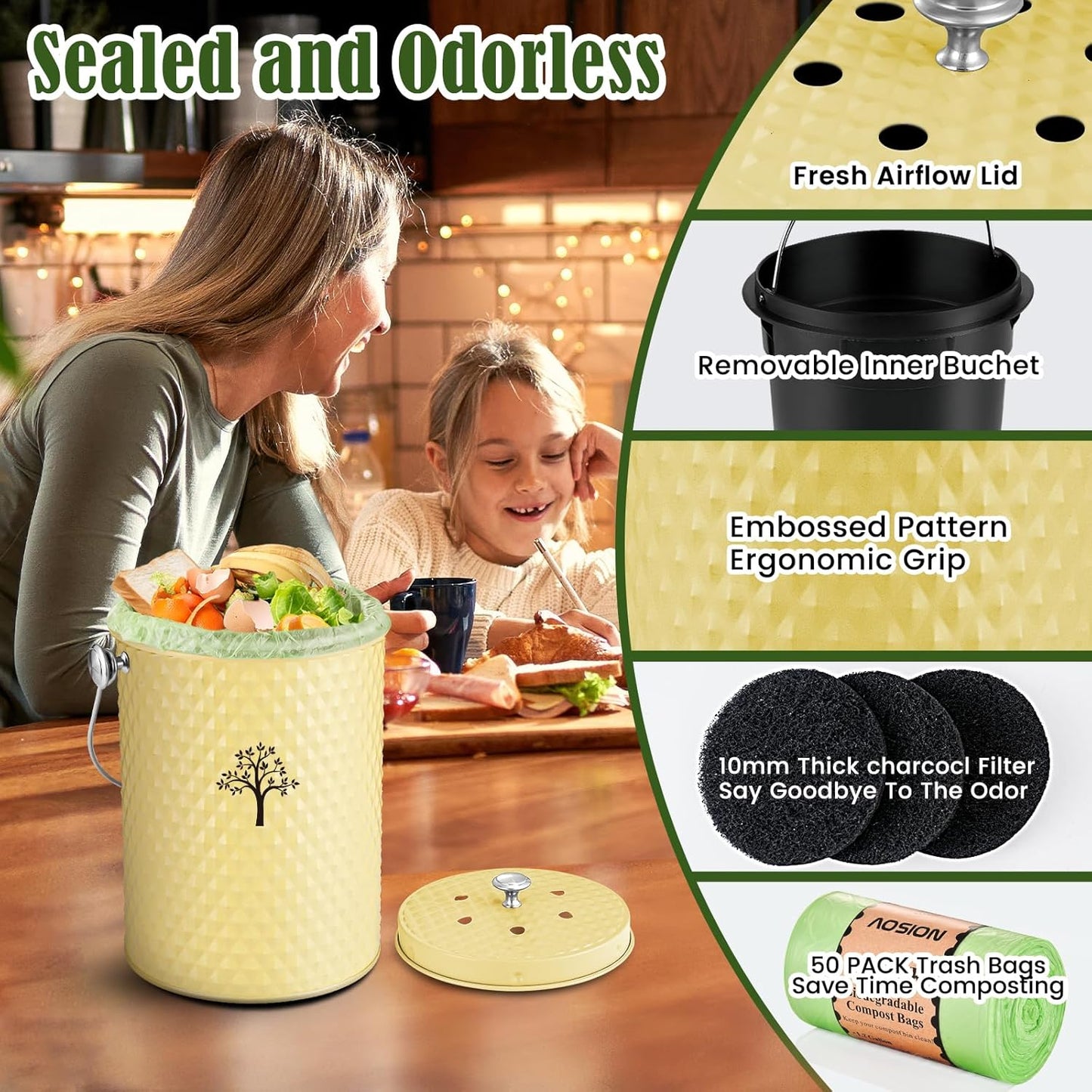 AOSION Countertop Compost Bin Kitchen,Odor Resistant Indoor Compost Bin with Lid and Compost Bags,Compost Bucket Composter Container for Food Waste,Yellow