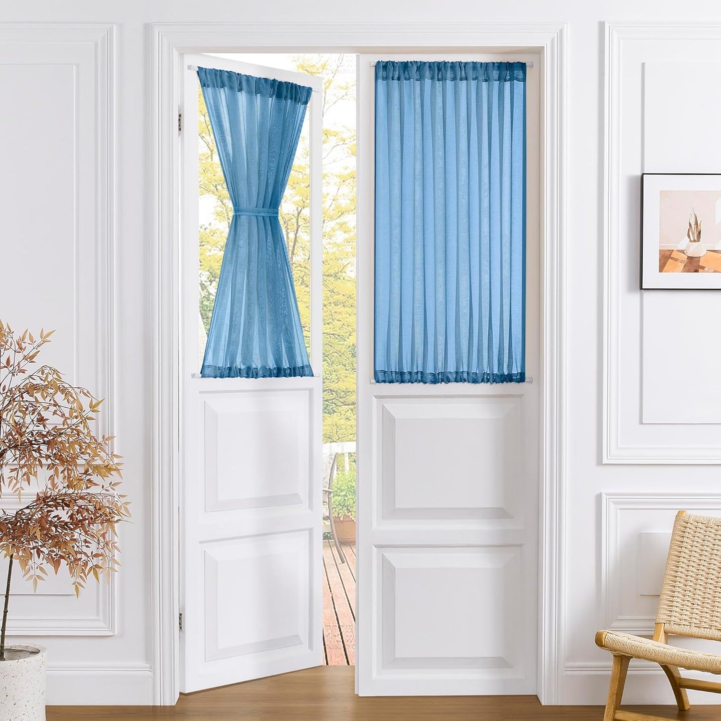 Tollpiz Short Sheer Door Curtains Closet Linen Textured Curtains Sheer Doorway Light Filtering Voile Patio Glass Door Rod Pocket Curtain French Door, 54 x 40 inches Long, Classic Blue, Set of 1 Panel