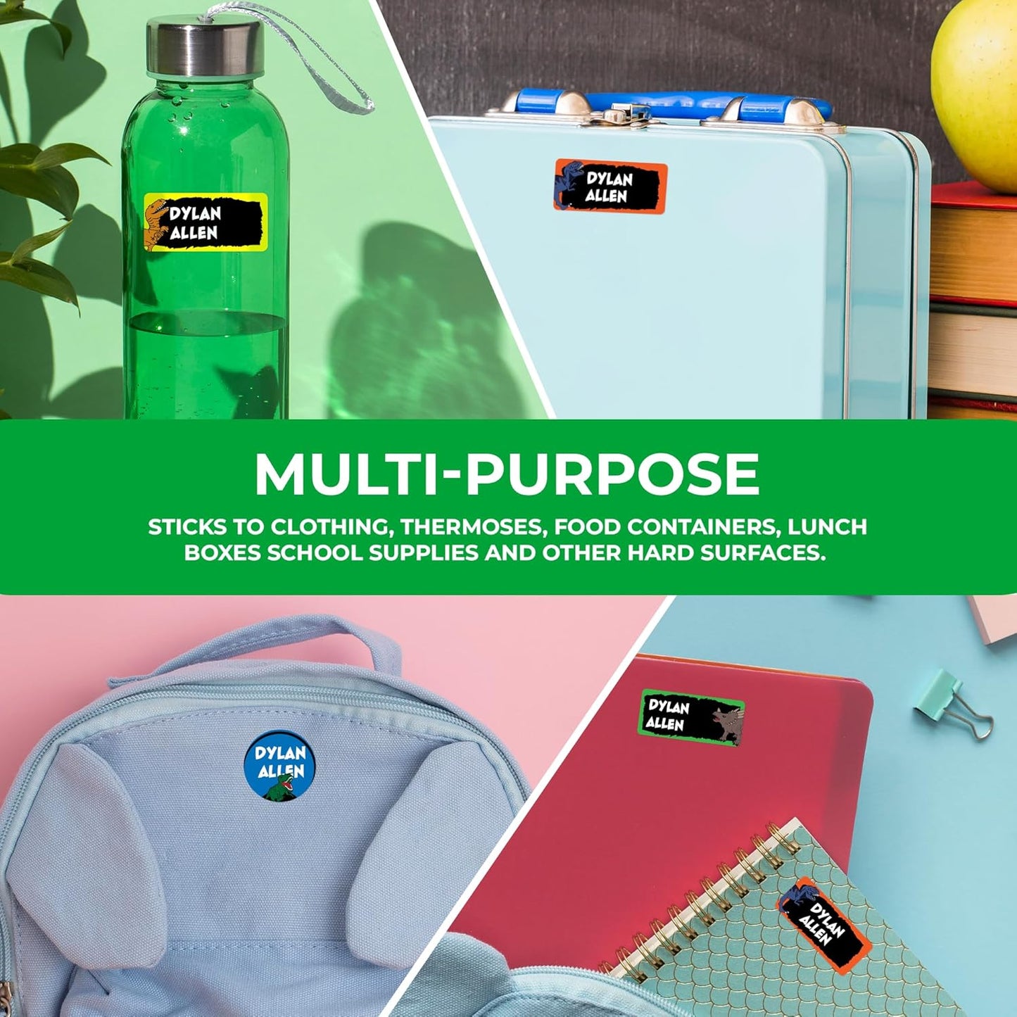 Personalized Name Tag Stickers for Kids (130+ Pack) | Dinosaur Waterproof Labels for School Supplies, Bottles & Lunch Boxes | Custom Vinyl Name Labels for Clothing & Toys (C. Dinosaur)