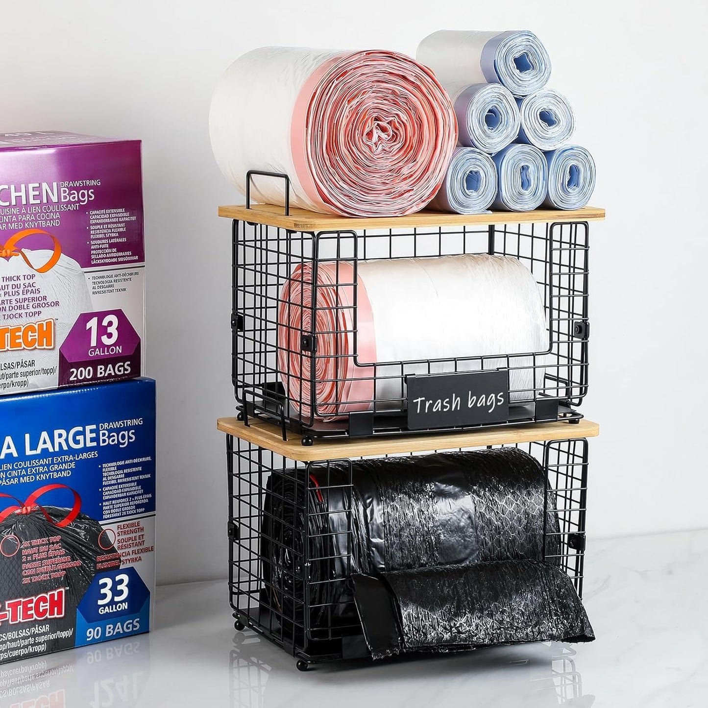Upgrade Larger, Fit 13/30/33+ Gallon Trashbag Perfectly - 1 SET Stackable Trash Bag Holder with Tags & Bamboo Top, Garbage Bag Dispenser Stand, Kitchen Pantry Under Sink Laundry Room Organizer Basket