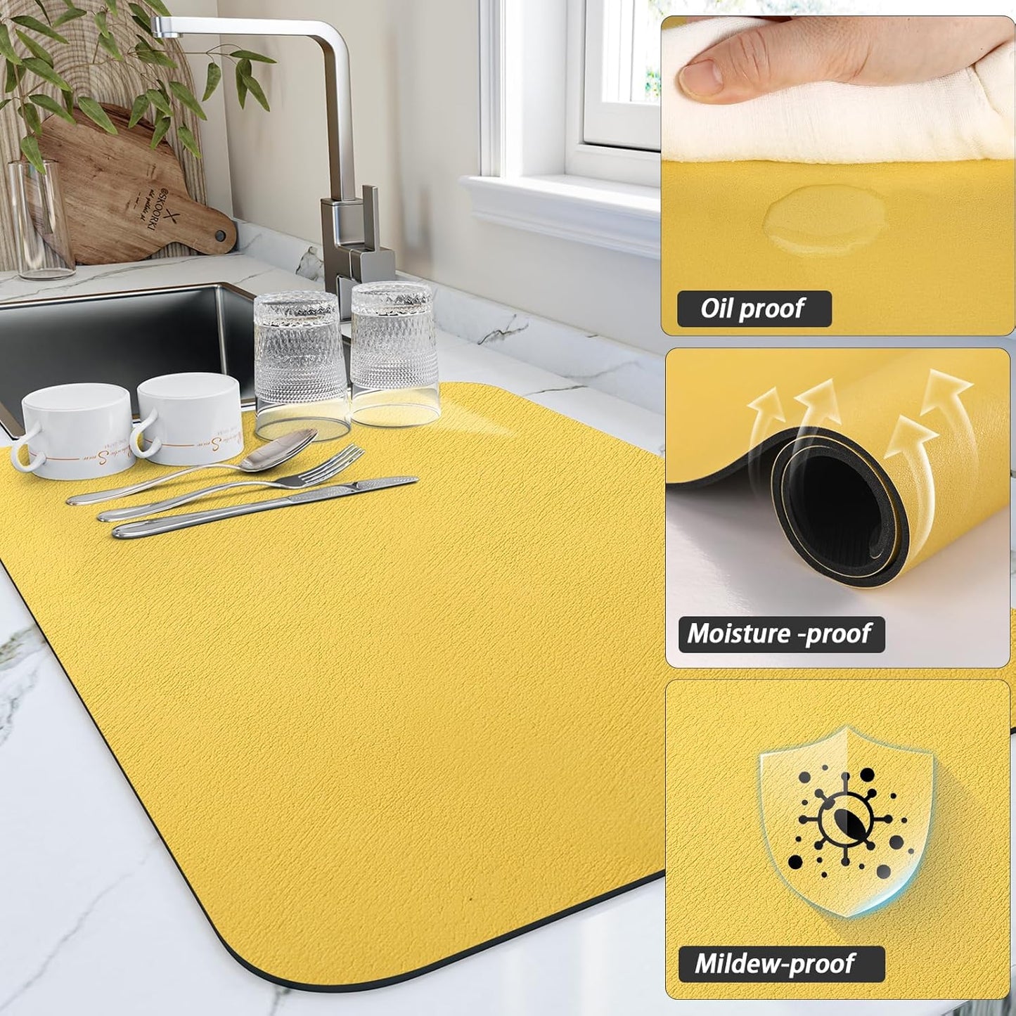 Dish Drying Mat for Kitchen Counter, Heat Resistant Drainer Mats with Non-slip Rubber Backed, Hide Stain Kitchen Super Absorbent Draining Mat, Easy to Clean Dish Rack Pad, Yellow 18"x28"