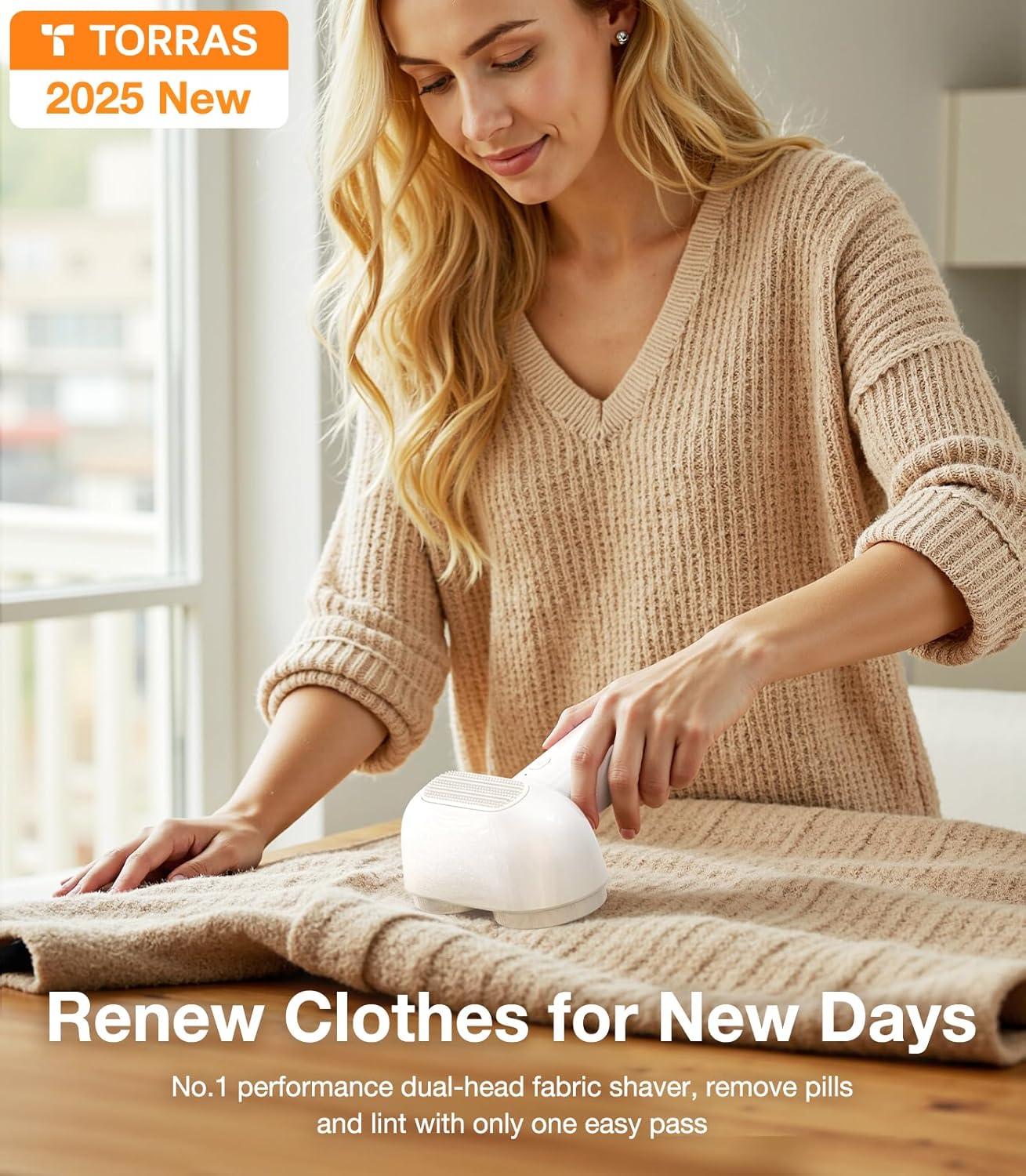 TORRAS Dual-Head Fabric Shaver, Longest Durability & 50ml Large Capacity Rechargeable Lint Removers to Remove Pills, 6-Leaf Blades Defuzzer, Electric Shaver for Clothes Couch Furniture, Pearl White