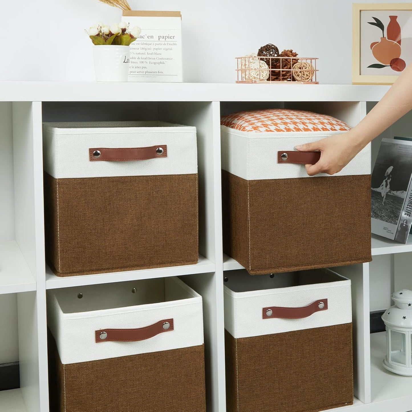 HNZIGE Fabric Cubes Storage Bins Set of 4,11 x 11 Clothes Storage Cube Baskets,Cube Organizing Bins for Shelves with Handles,Canvas Baskets for Organizing Home(Brown White)