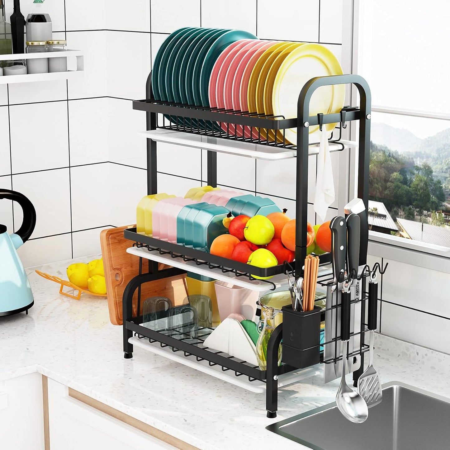 1Easylife Drying Rack, Metal 3-Tier Large Capacity Dish Rack with Utensil Holder, Cutting Board Holder, Drain Board Tray for Kitchen Counter Storage (Black)