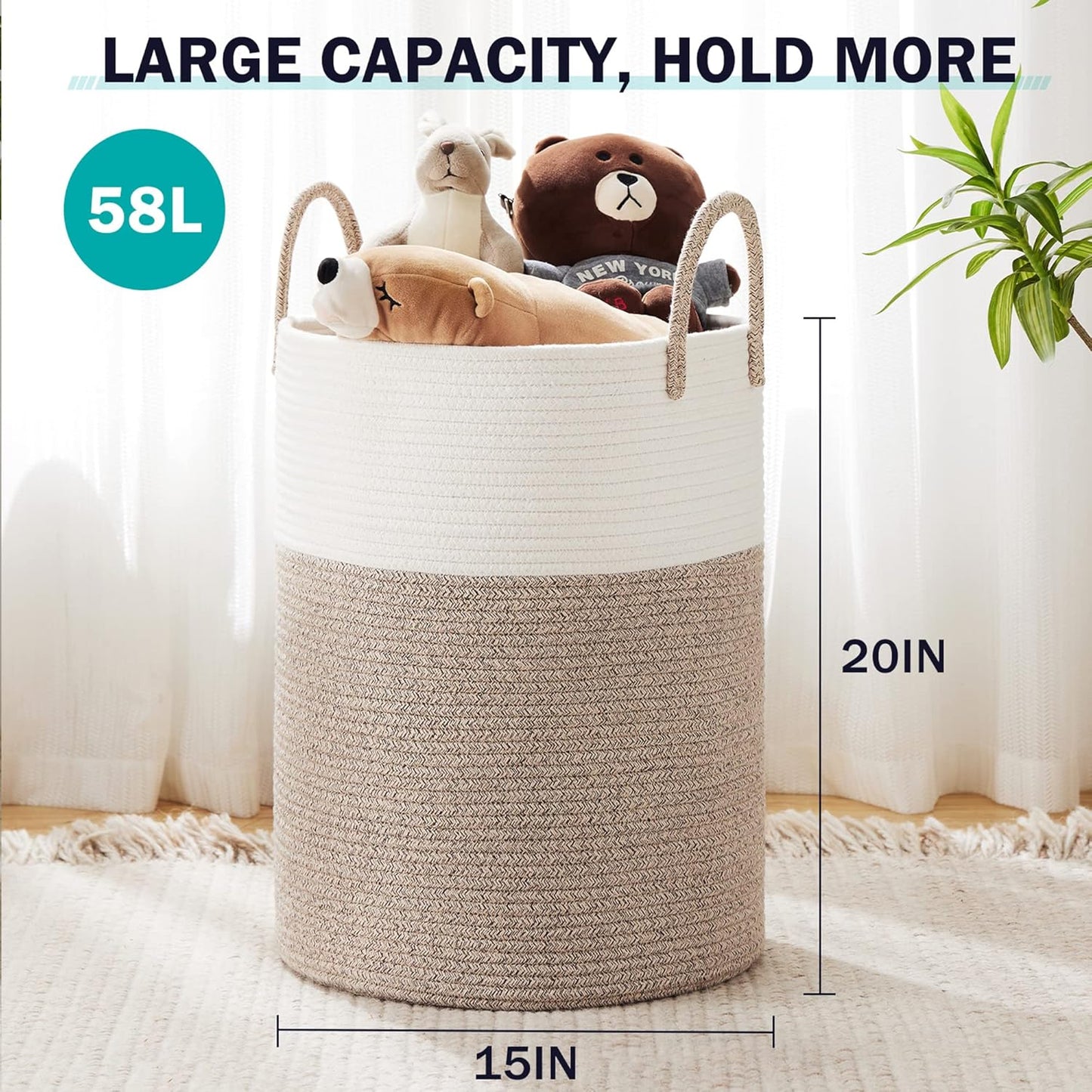 YOUDENOVA Woven Rope Laundry Hamper Basket, 58L Tall Laundry Basket, Baby Nursery Hamper for Blanket Storage in Bedroom-Large-Brown