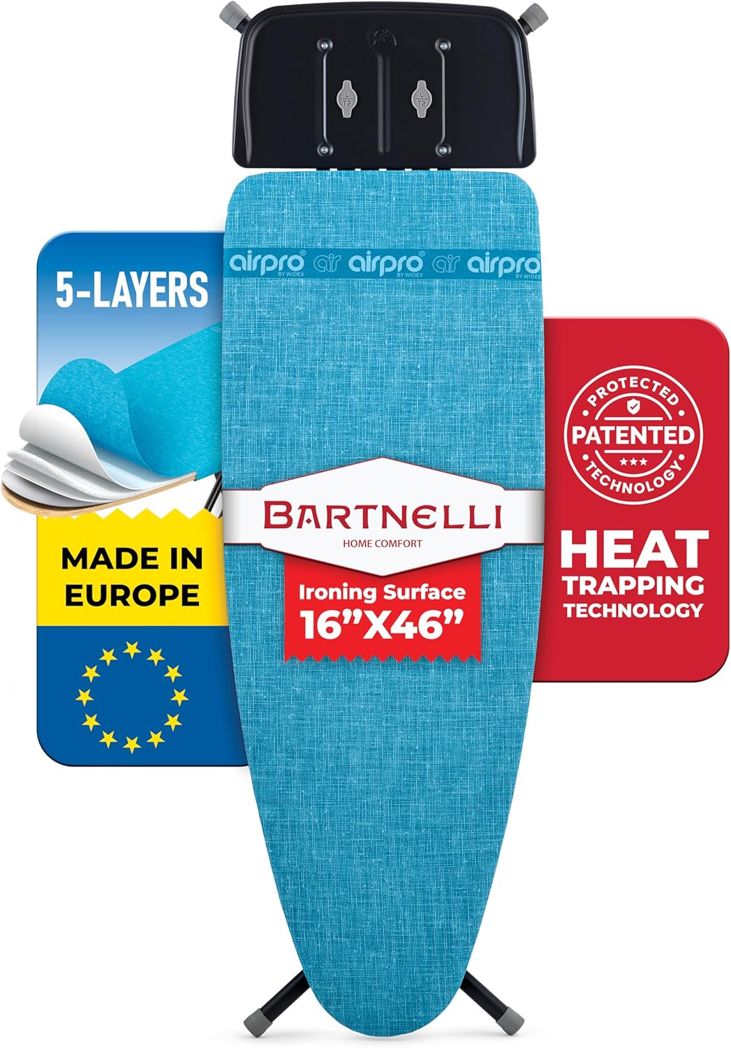 Bartnelli Next-Generation Innovative Wooden Top Ironing Board, with Breakthrough Patented 5-Layered Steam-Reflecting Cover, Made in Europe, Adjustable Height, 4 Heavy Duty Durable Steel Legs, 46x16”