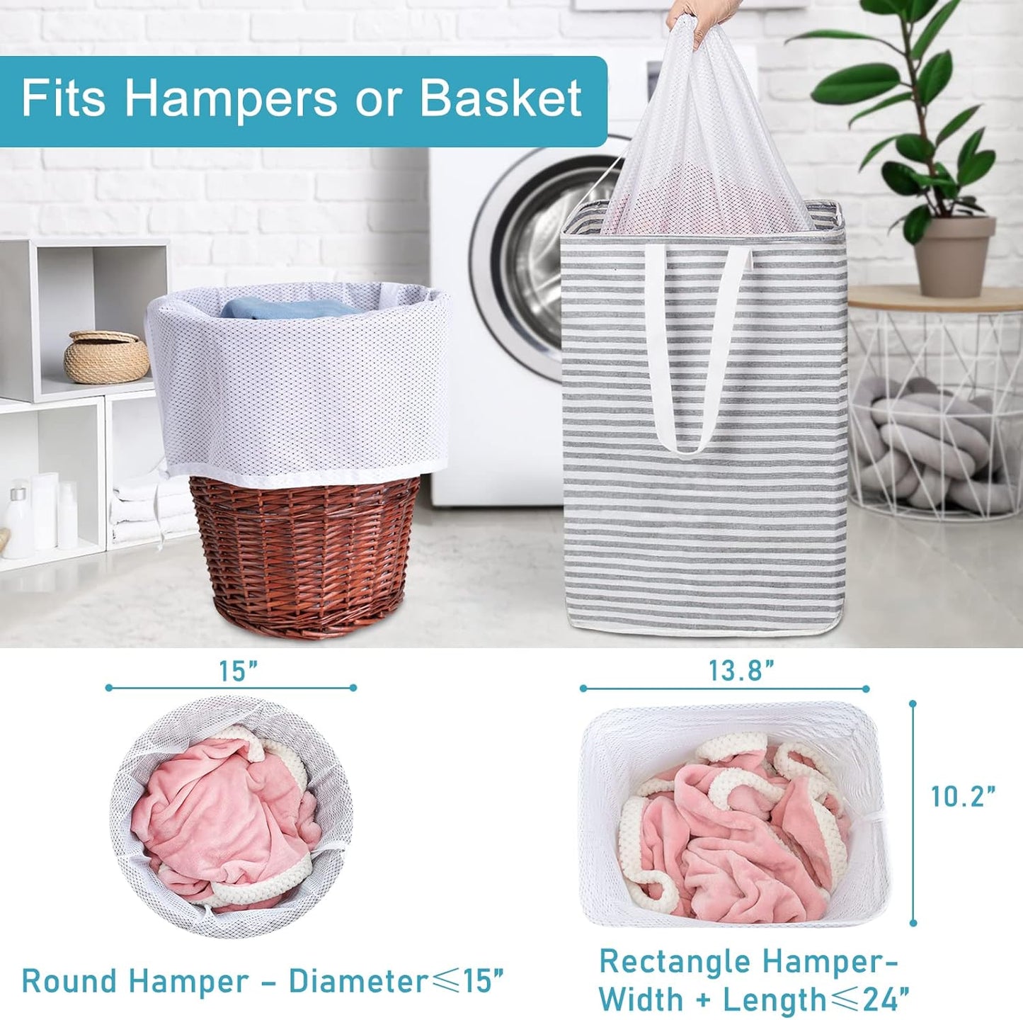 Polecasa Extra Heavy Duty Large Diamond Mesh Laundry Bags with Drawstring Closure & ID Tag, 24 x 36 inches Washable Storage Bag, Laundry Accessory for Hamper, College, Travel, Sports, Dorms, White