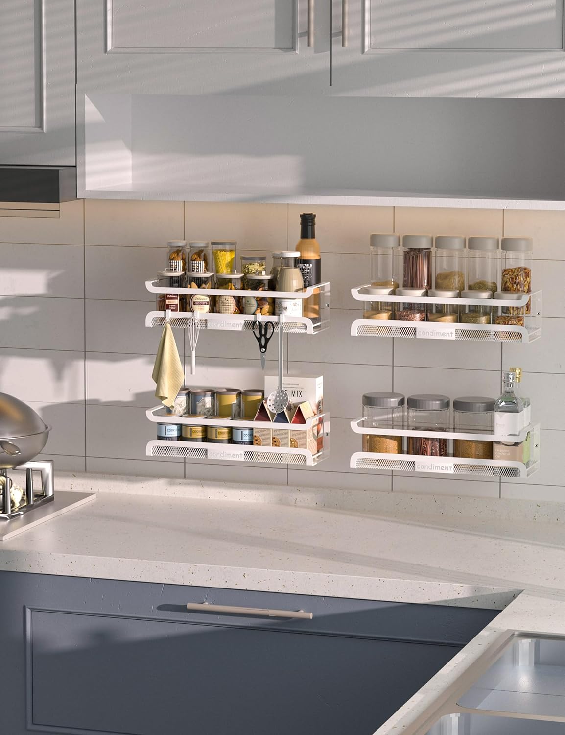 Spice Rack Wall Mount with Hooks - Spice Racks Organizer for Cabinet Storage, Wall Mounted Hanging Shelf Seasoning Organizer, for Kitchen, Pantry Door, Bathroom (White, 1 Pack)