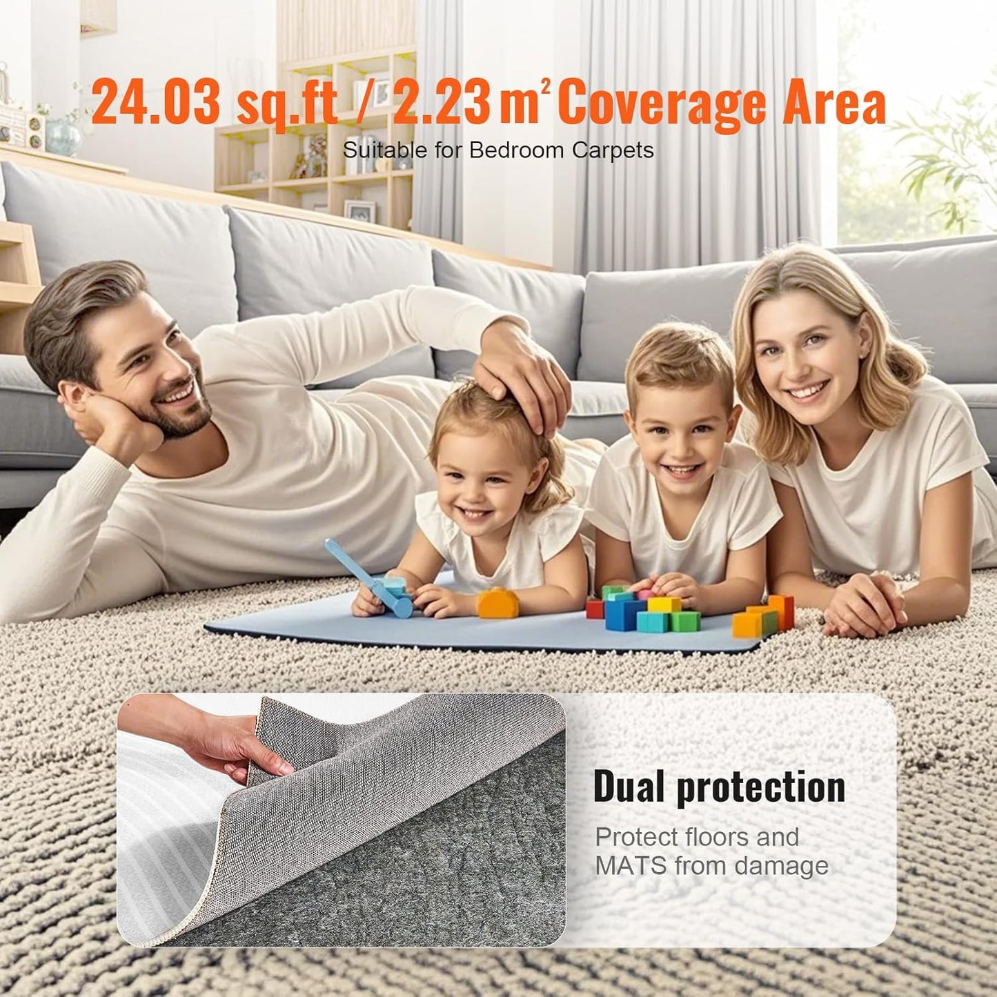 VEVOR Non-Slip Resistant Rug Pad, Protective Cushioning Carpet Pad, 2'x8' (7.875' Actual), 1/4" Thick, Dual Surface, Polyester Felt + Latex, 1-2㎡ Area Carpet Padding Rug Cushion for All Floors, Gray