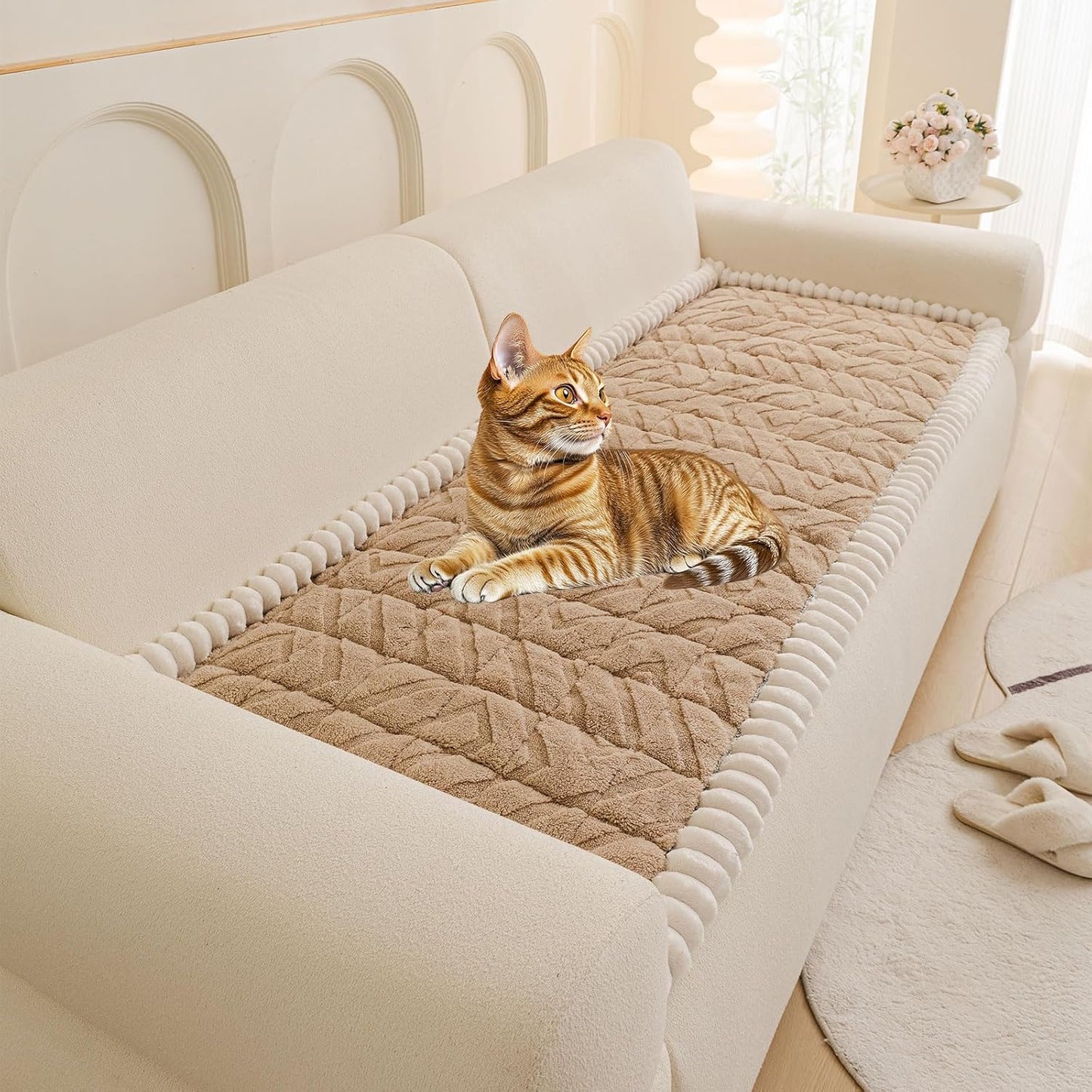 OTOB Plush Couch Cover for Dogs Washable, Non Slip Fuzzy Soft Armrest Backrest Sofa Slipcovers Geometric Jacquard Pet Friendly Couch Covers Protector All Season, 1 Piece (Coffee, 27.6"x27.6")