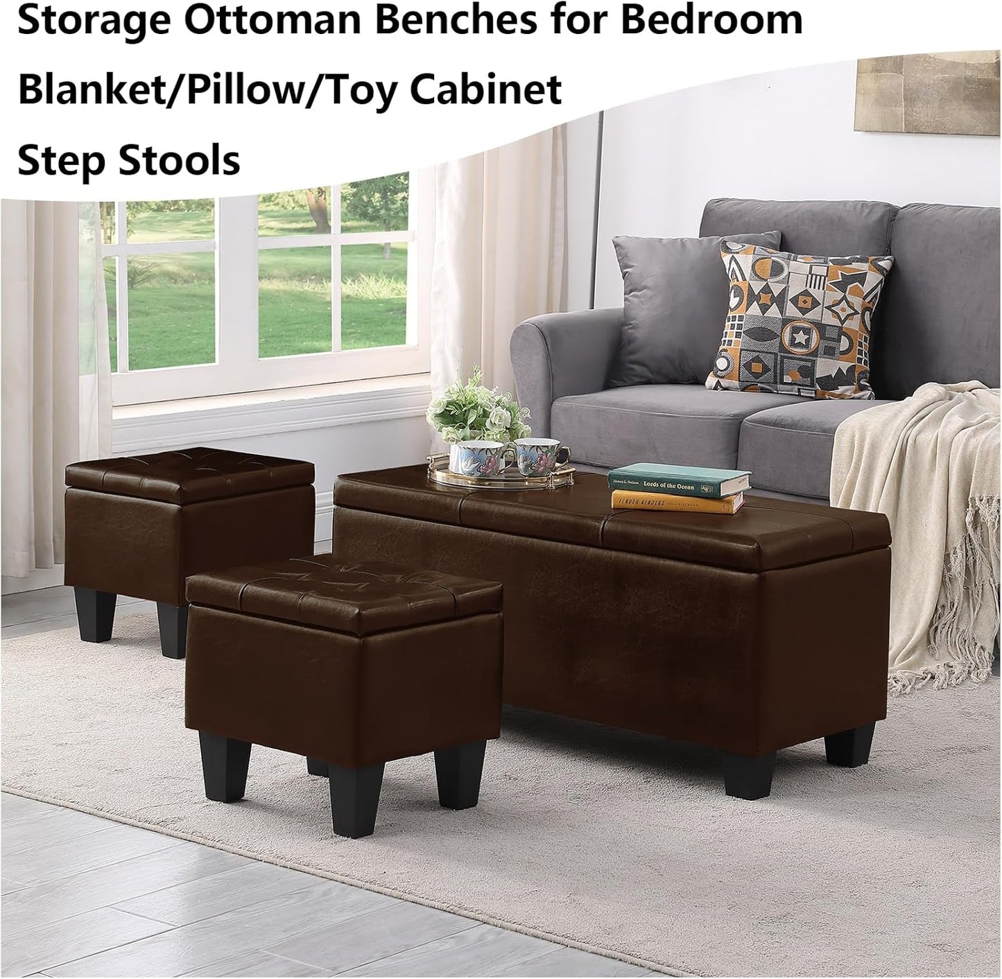 Ottoman with Storage Set of 3, 38'' Button Tufted Storage Ottoman with 2 Stools, Easy Open & Close w/Safety Hinges, Extra Seating Foot Rest for Living Room (Brown - PU Leather)