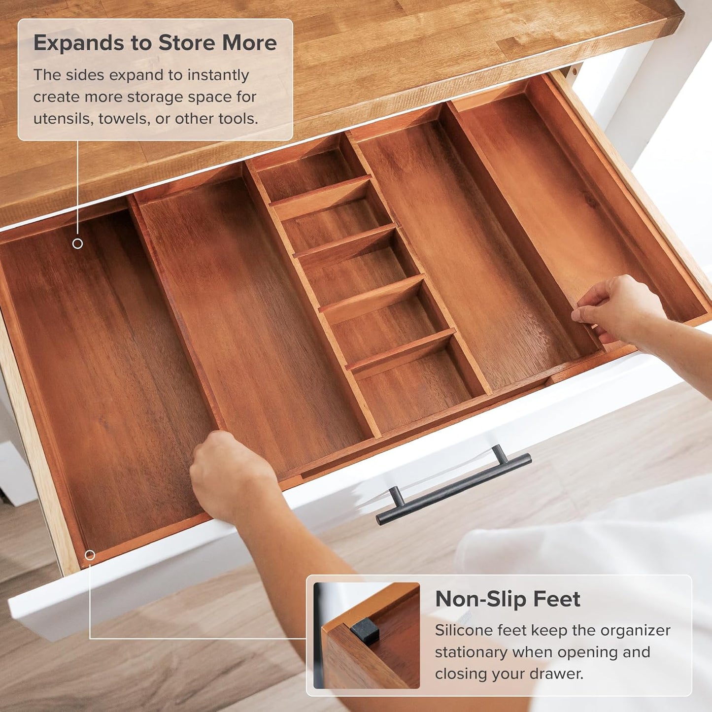 KitchenEdge Adjustable Kitchen Drawer Organizer for Utensils and Junk, Food-Safe Contract Grade with 100% Sustainable Wood, Non-Slip, Expandable from 18.5 to 33 Inches Wide - Natural Acacia