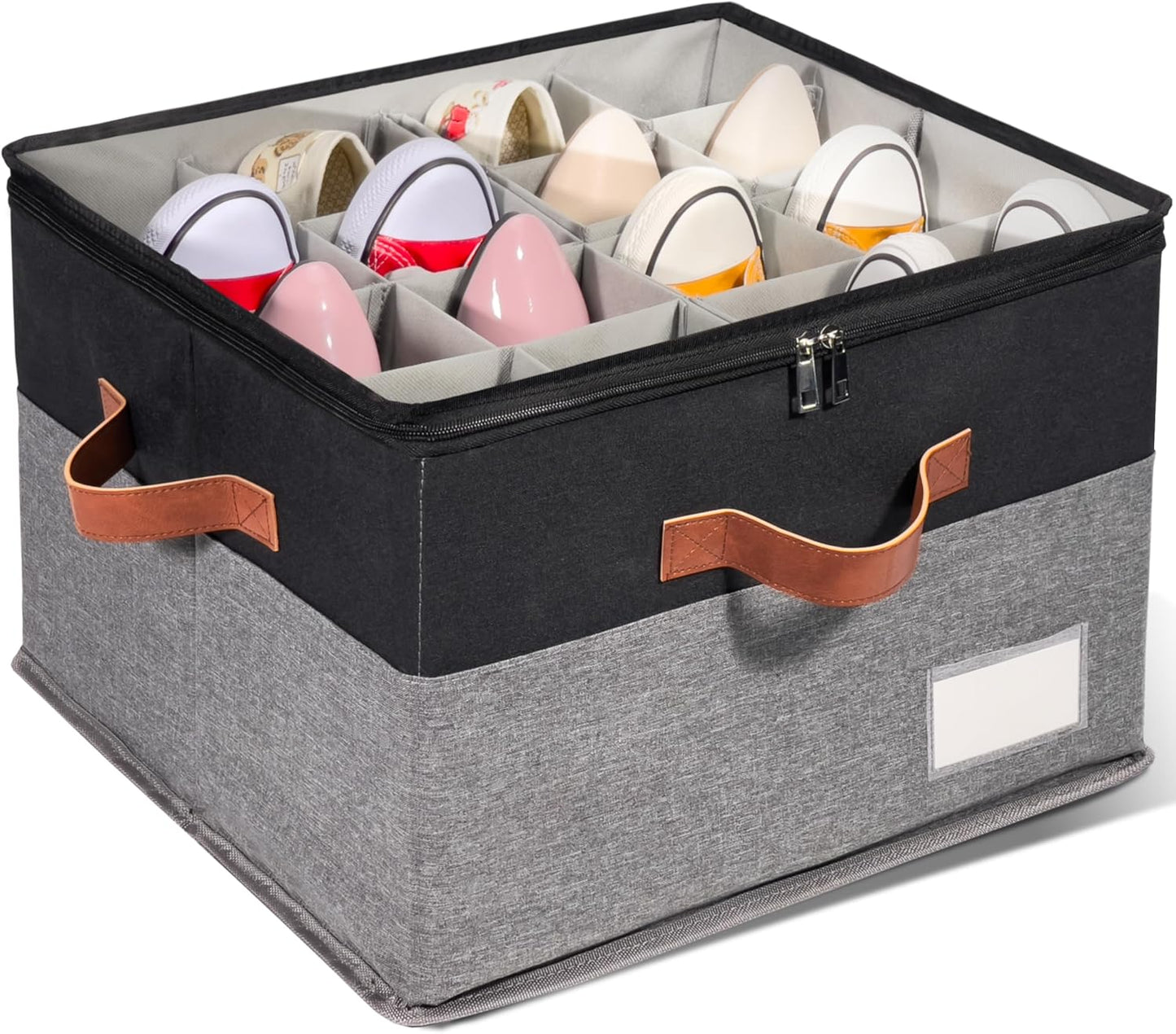 1 Pack Shoe Organizer for Closet, Adjustable Shoe Box Storage Containers, Large Foldable Shoe Bins with Clear Cover, Space Saving Shoes Holder with 4 Handles, Fits 8-16 Pairs, Black