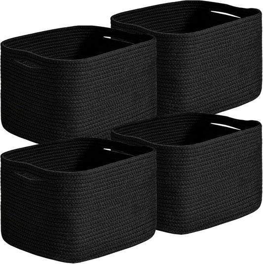 Small Storage Baskets for Organizing Shelves, Cotton Rope Basket for Storage, Cute Rectangular Book Toy Bins, 12.7"×9.1"×7.9", 4 Packs, Black