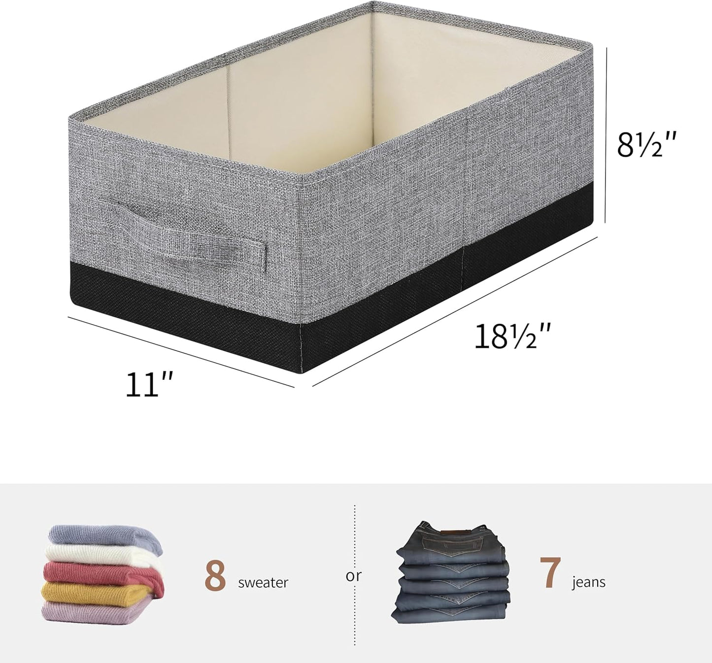 Linen Folding Storage Bins, 3 Pack Large Storage Baskets, Washable, Clothing Storage Bins with Handle, Closet Organizer for Storage Sweater,Sheets (gray black, 18½"x11"x8½")