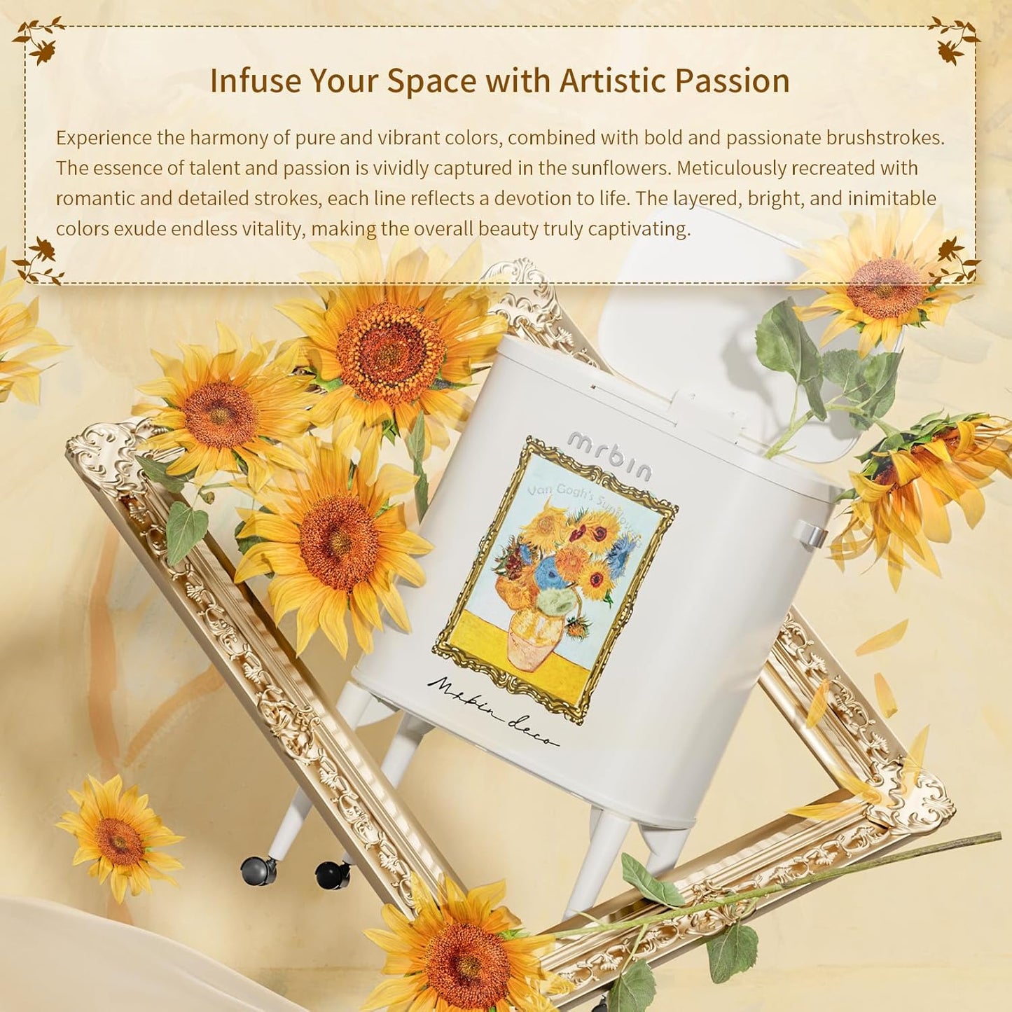 MRBIN Metal Kitchen Trash Can with Wheel Legs, 36L / 9.5gal Medium Press Lid Slim Waste Basket, Pet Proof Tall Narrow Garbage Pail for Vanity, Bedroom, Bathroom, Living Room, Sunflower