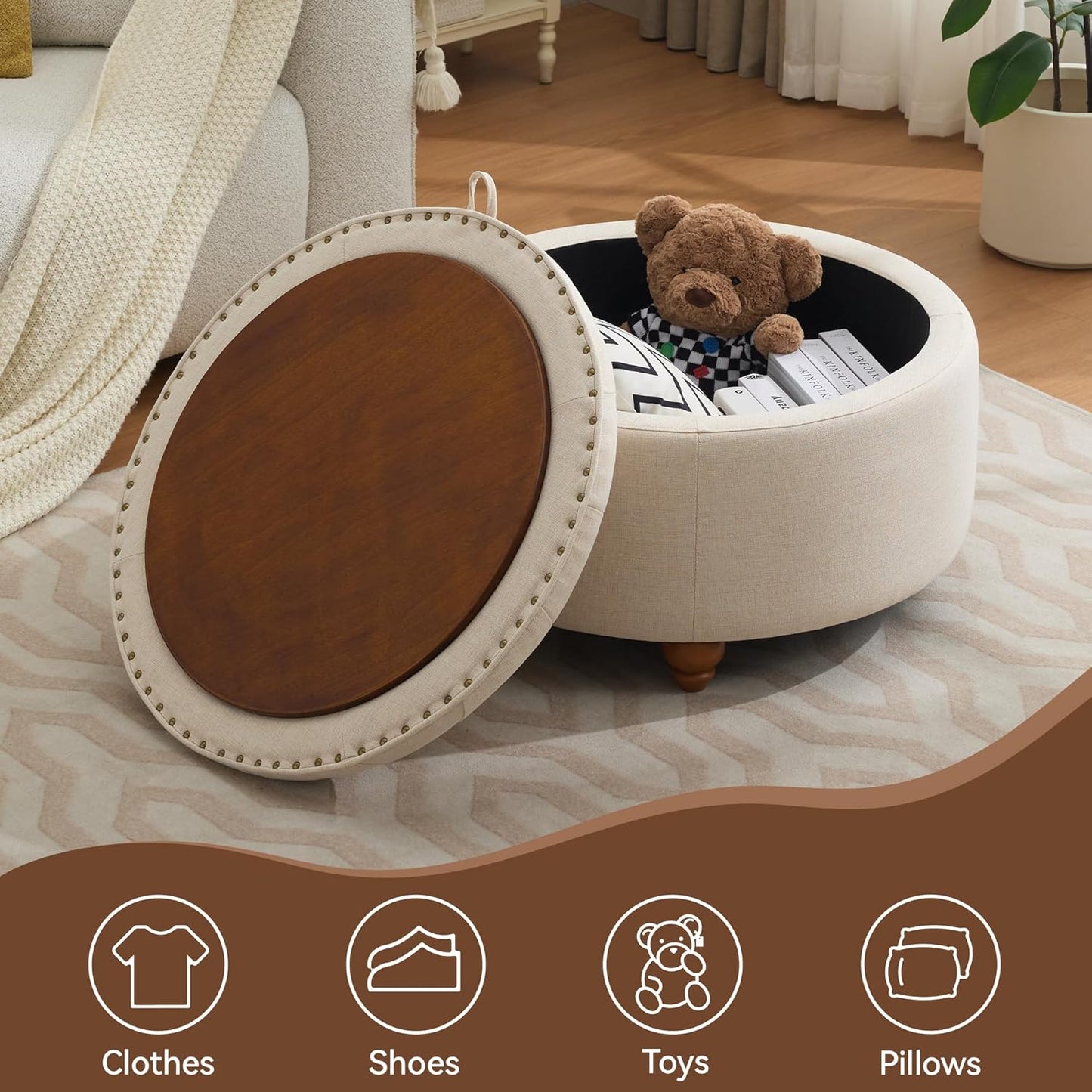 30Inch Round Storage Ottoman with Tray, Modern Tufted Fabric Circle Coffee Table with Storage, Upholstered Ottoman with Removable Top for Living Room, Bedroom, Khaki